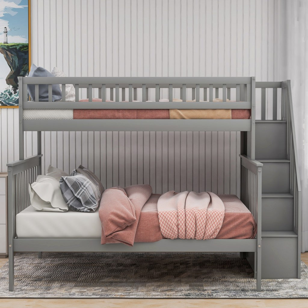 Gray Twin Over Full Farmhouse Style Bunk Bed with Staircase Default Title
