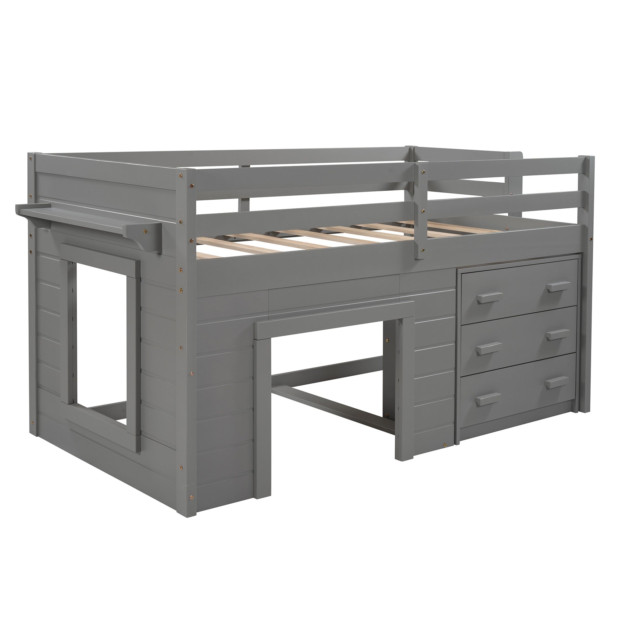 Gray Twin Size Loft Bed with Playhouse and Drawers Default Title
