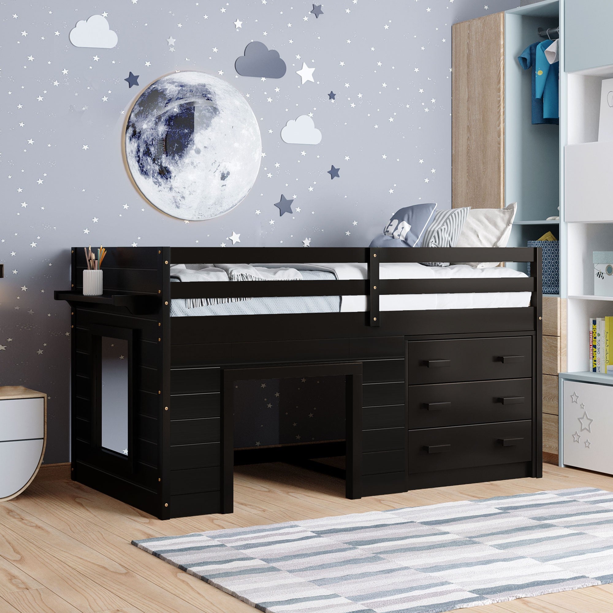 Espresso Twin Size Loft Bed with Playhouse and Drawers