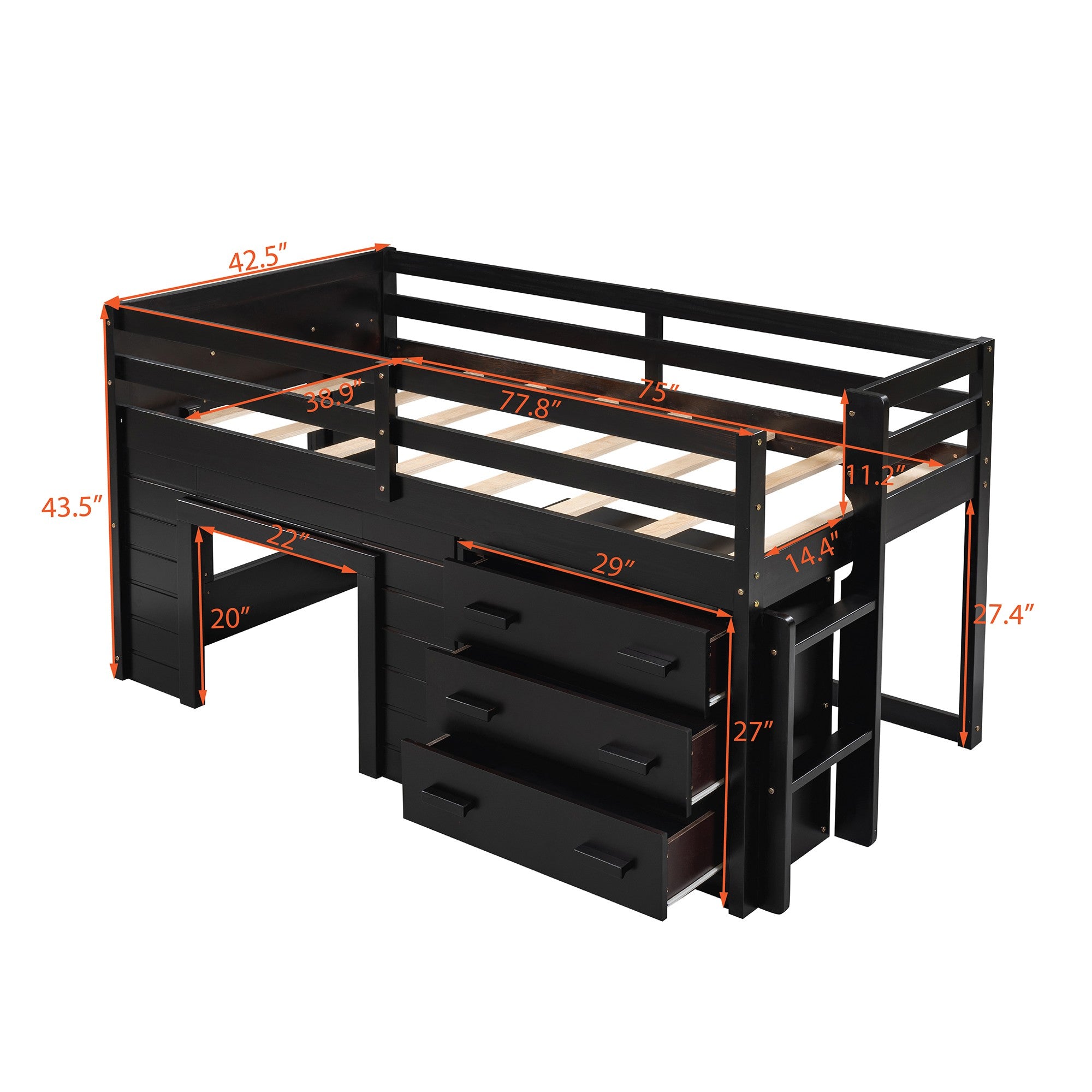 Espresso Twin Size Loft Bed with Playhouse and Drawers