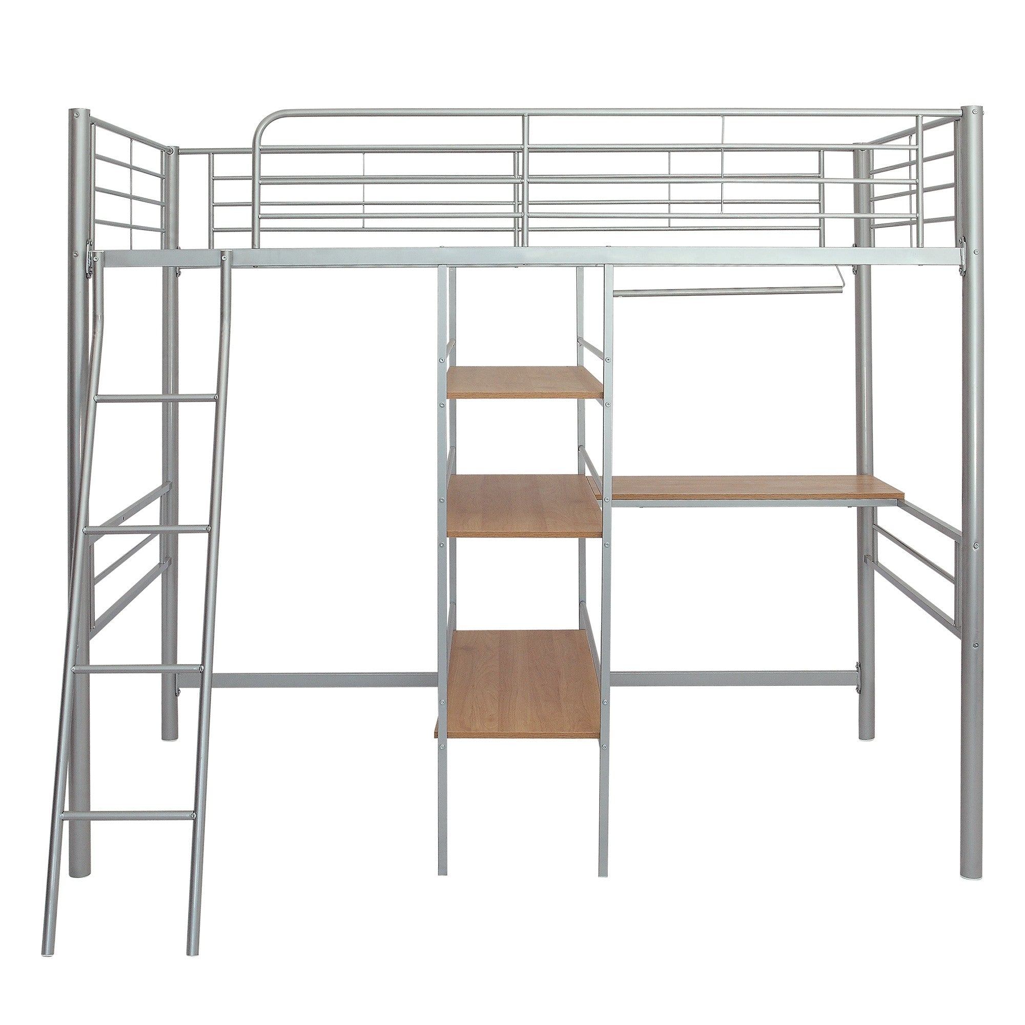 Silver Twin Size Metal Loft Bed with Built in Wooden Shelves and Desk