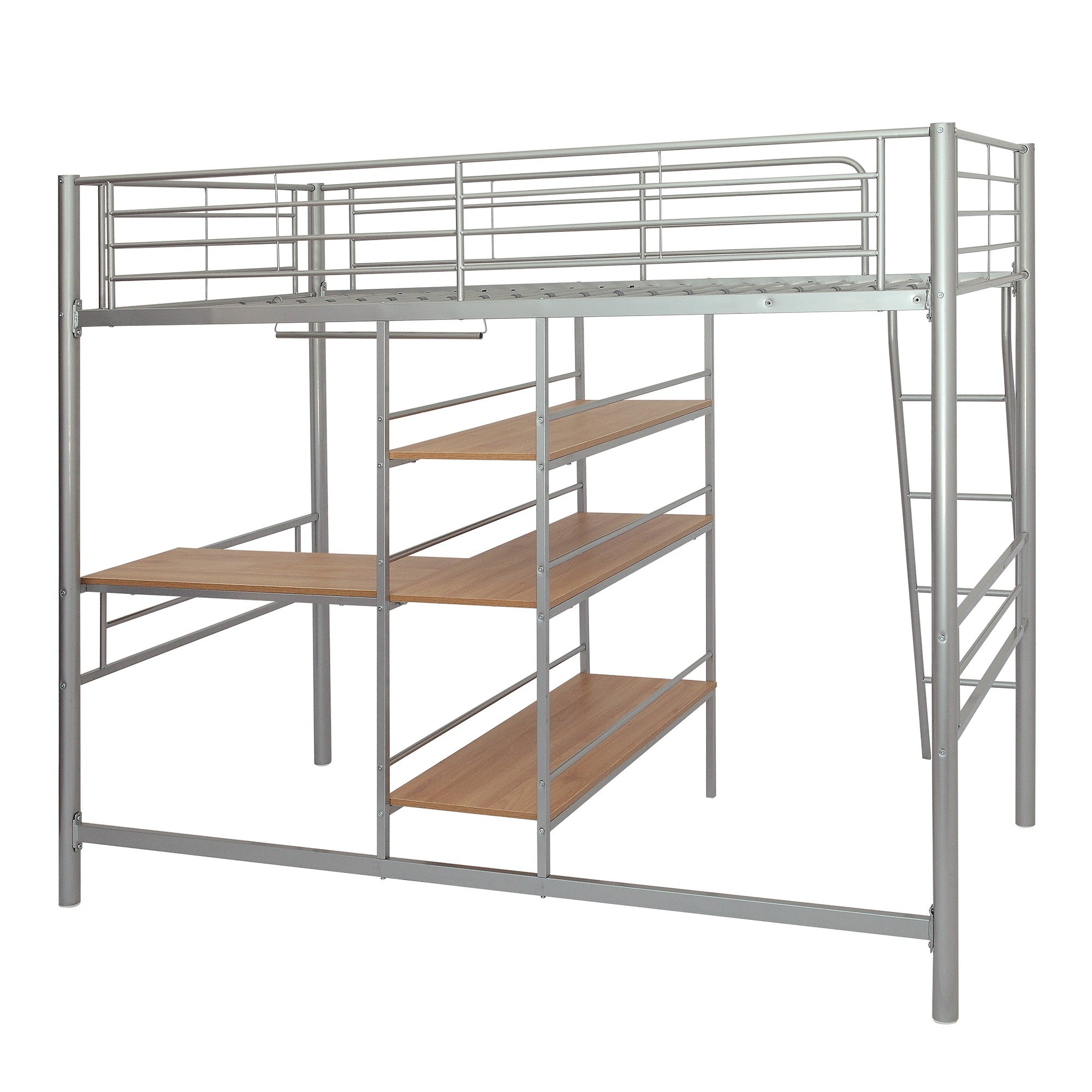 Silver Twin Size Metal Loft Bed with Built in Wooden Shelves and Desk