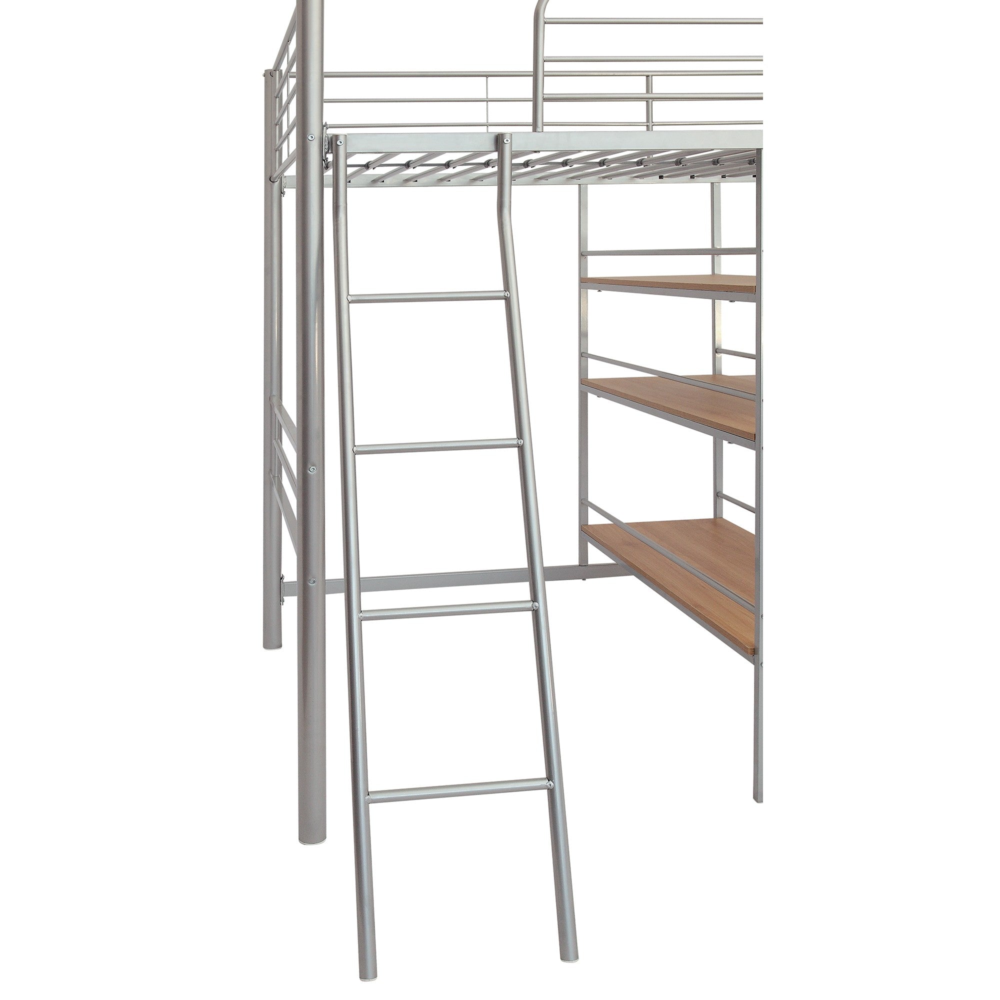Silver Twin Size Metal Loft Bed with Built in Wooden Shelves and Desk Default Title