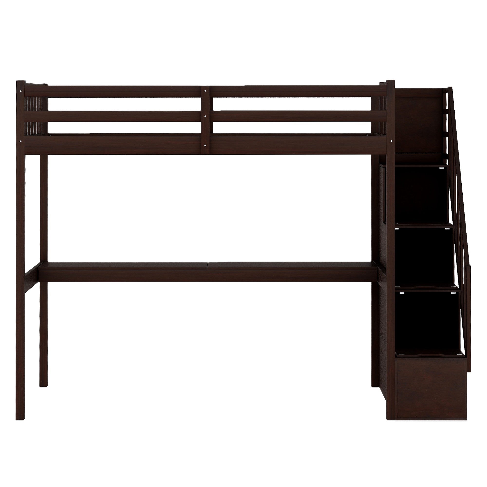 Espresso Twin Size Loft Bed with Built In Desk and Stairway