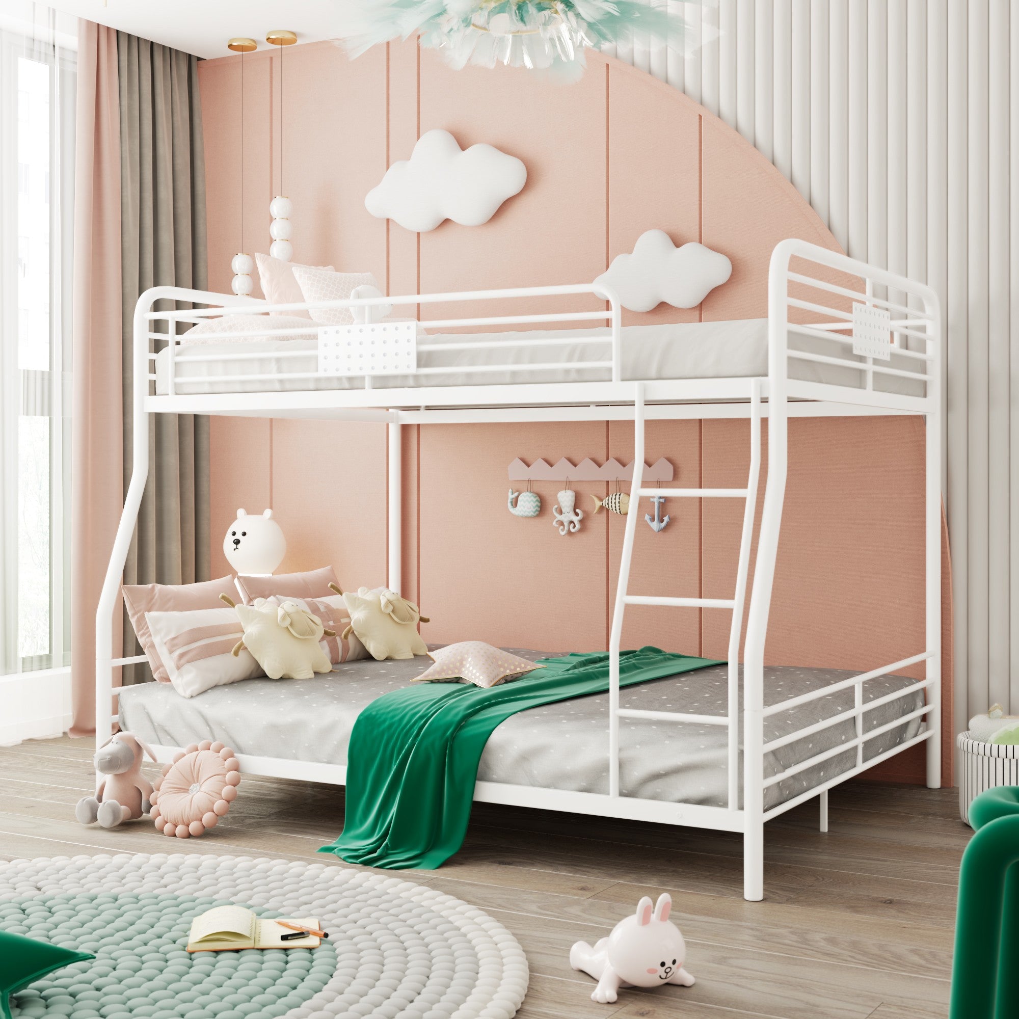 White Full XL Over Queen Bunk Bed with Ladder