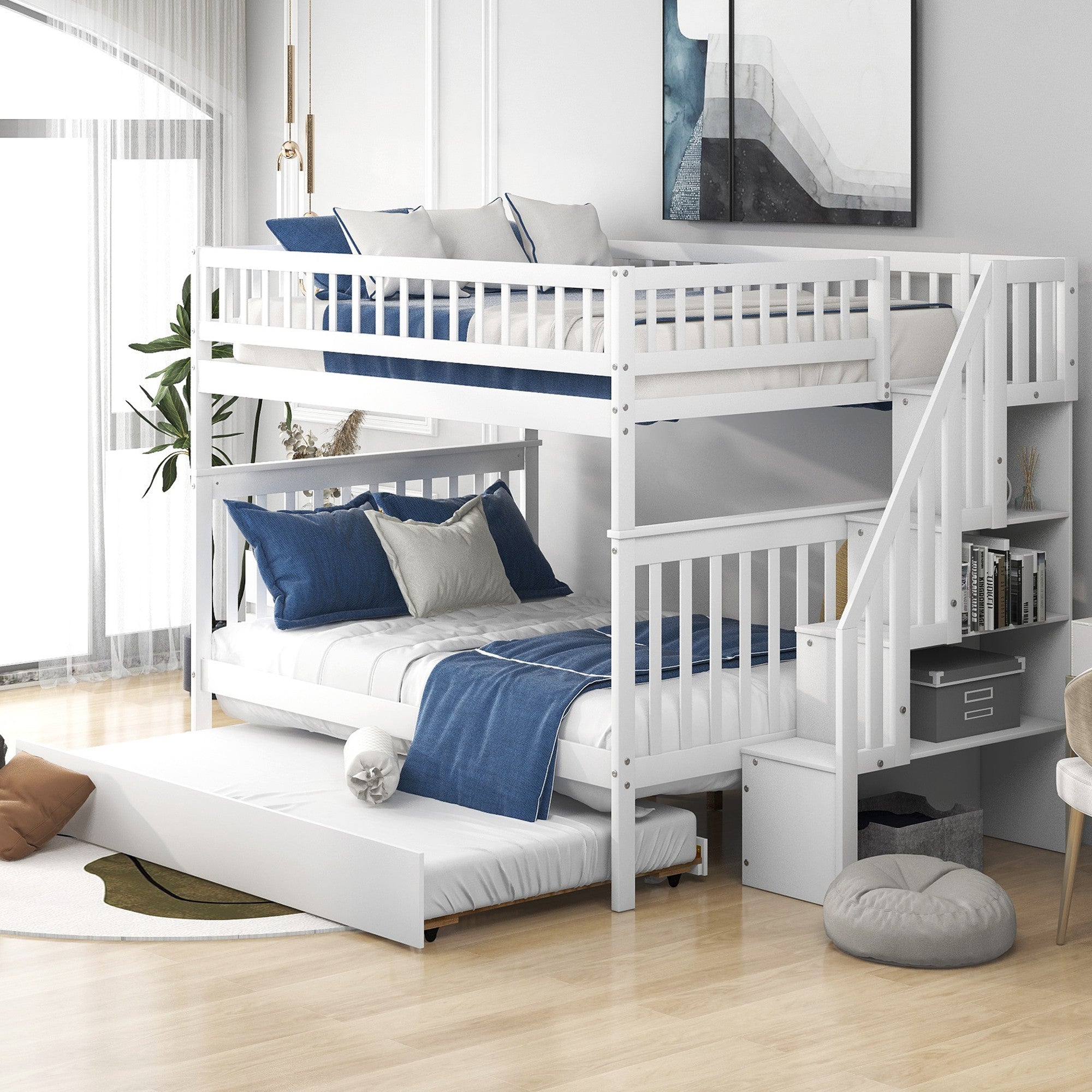 White Full Over Full Farmhouse Style Bunk Bed with Trundle and Staircase Default Title