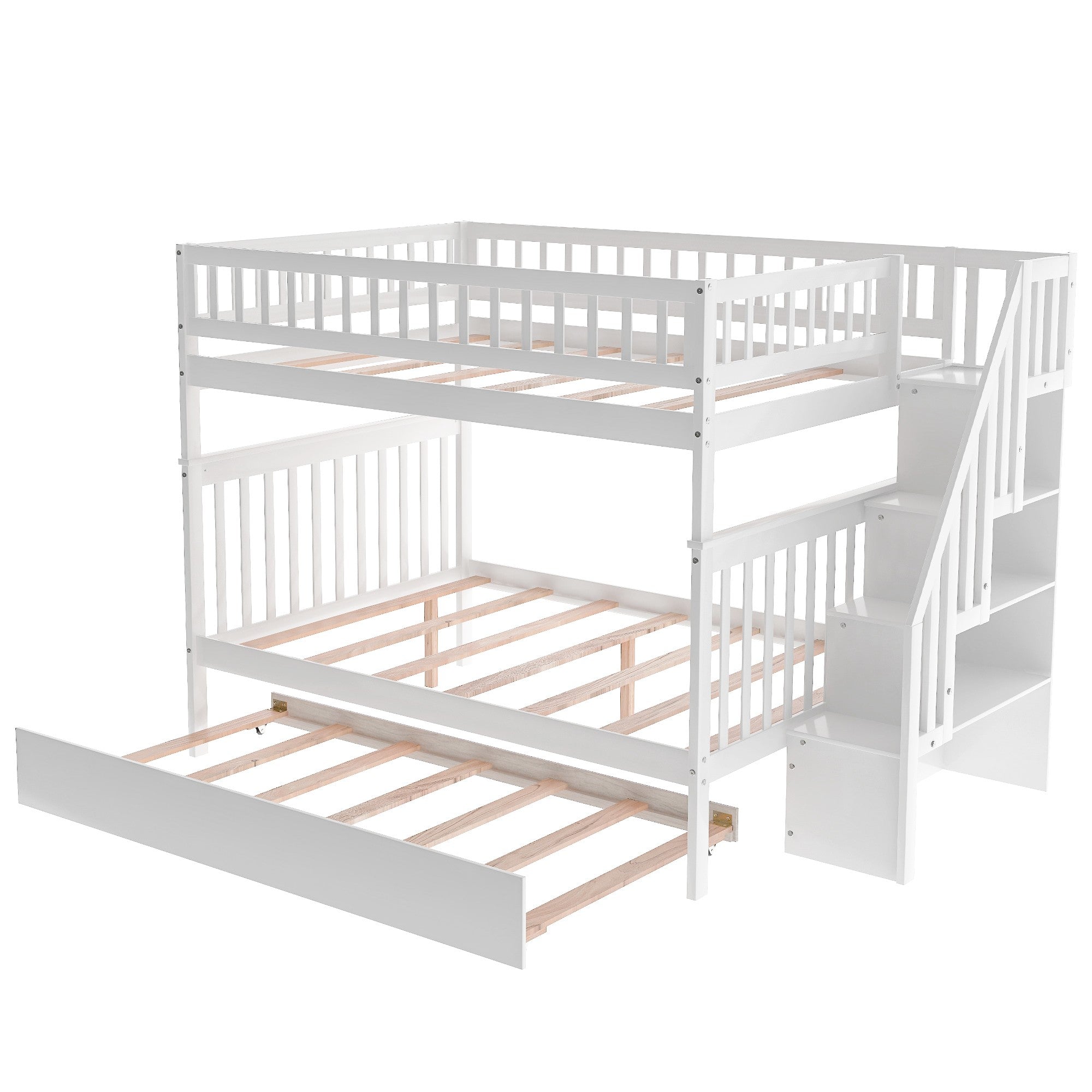 White Full Over Full Farmhouse Style Bunk Bed with Trundle and Staircase Default Title