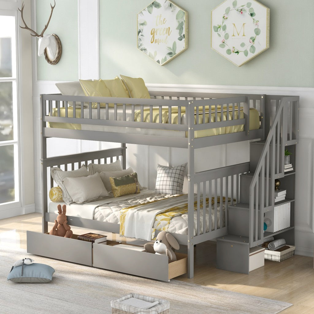 Gray Full Over Full Farmhouse Style Bunk Bed with Storage Staircase