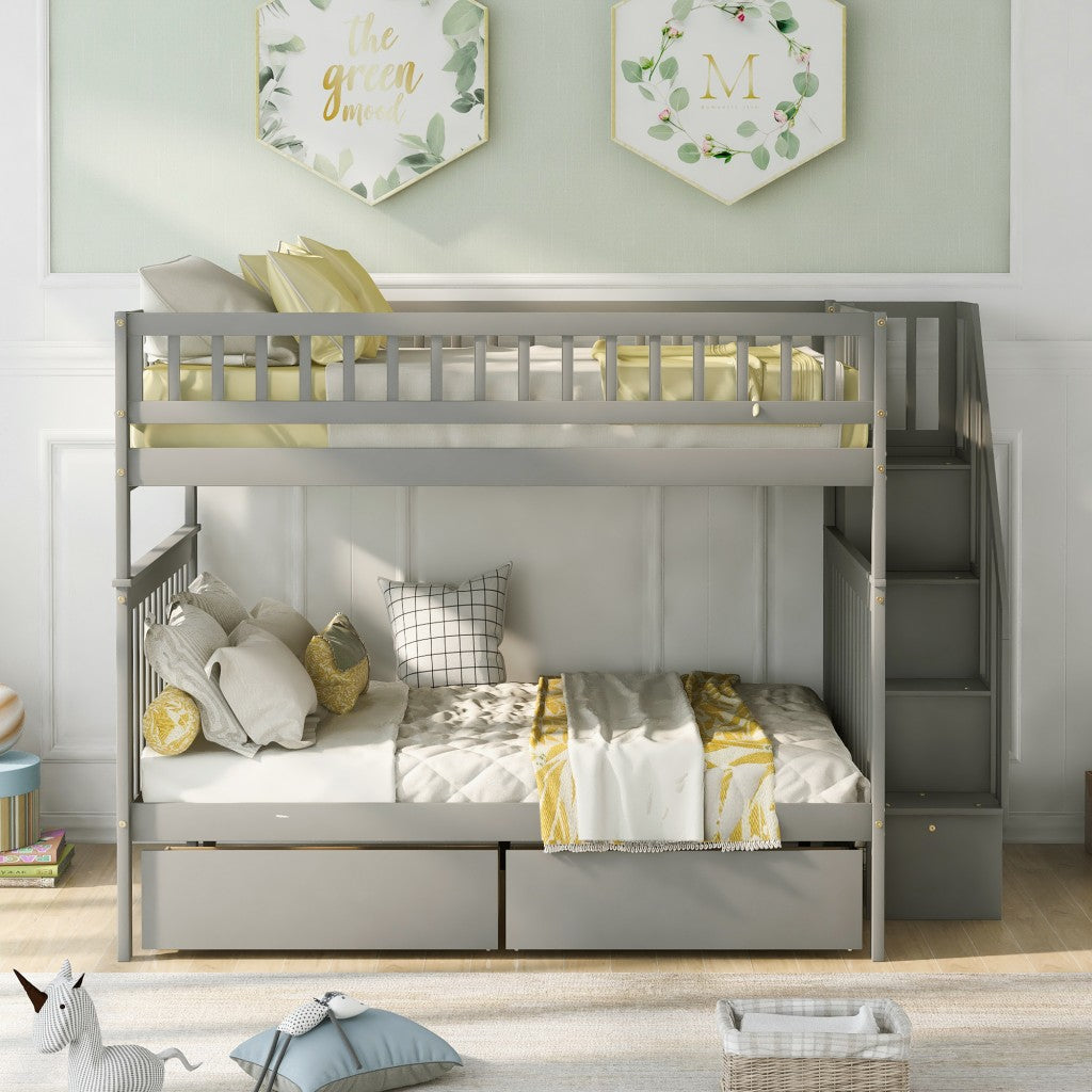 Gray Full Over Full Farmhouse Style Bunk Bed with Storage Staircase