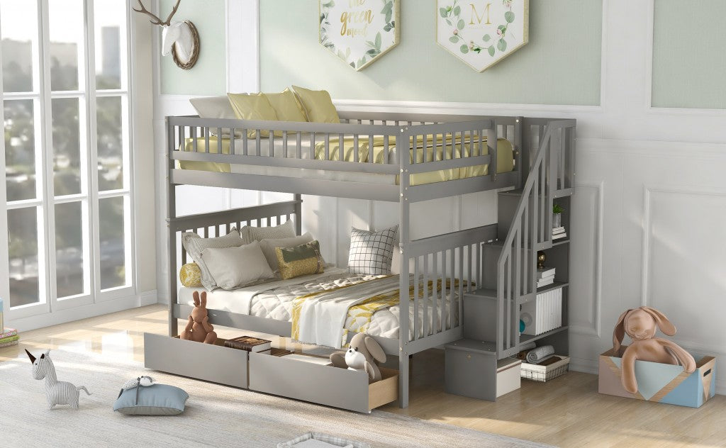 Gray Full Over Full Farmhouse Style Bunk Bed with Storage Staircase