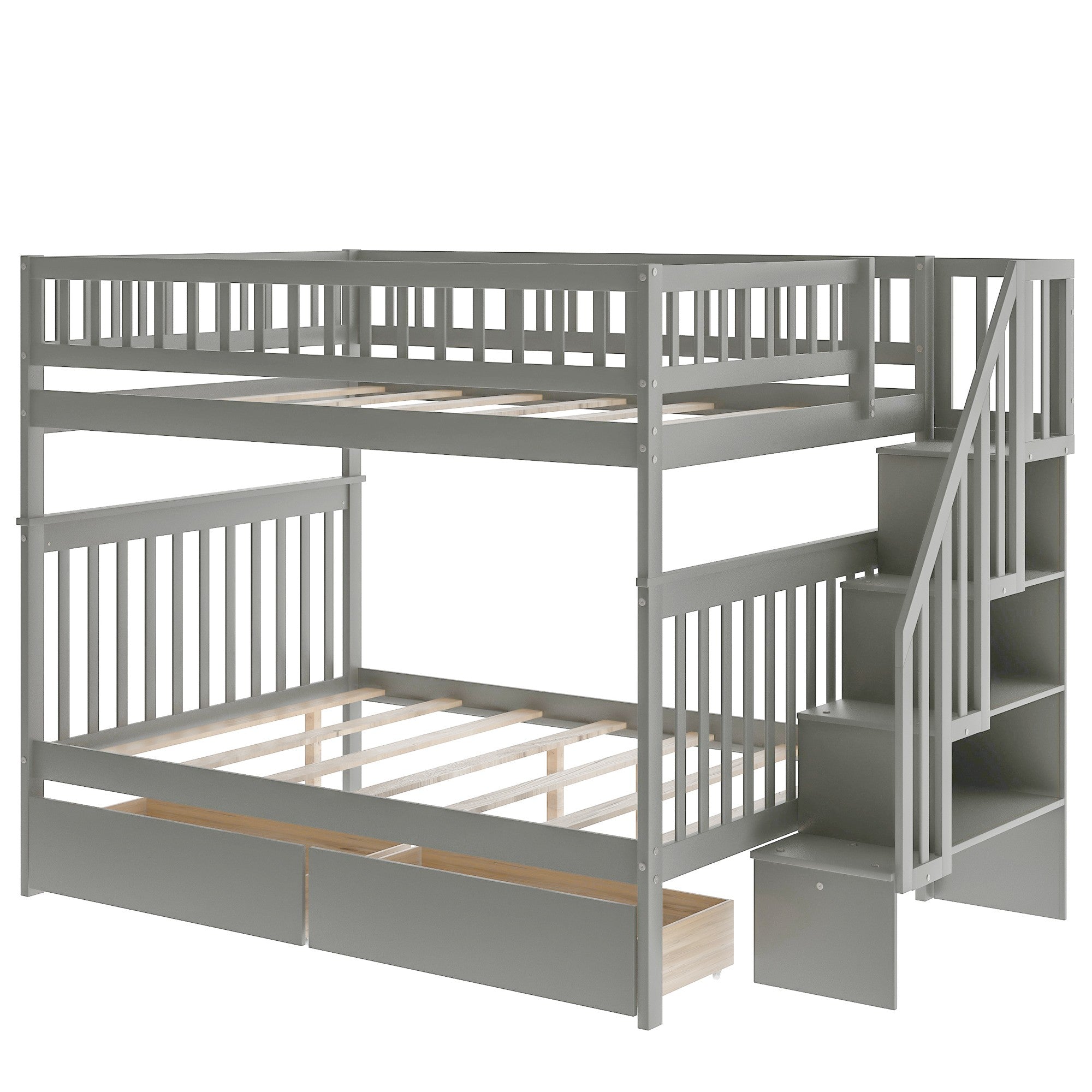 Gray Full Over Full Farmhouse Style Bunk Bed with Storage Staircase