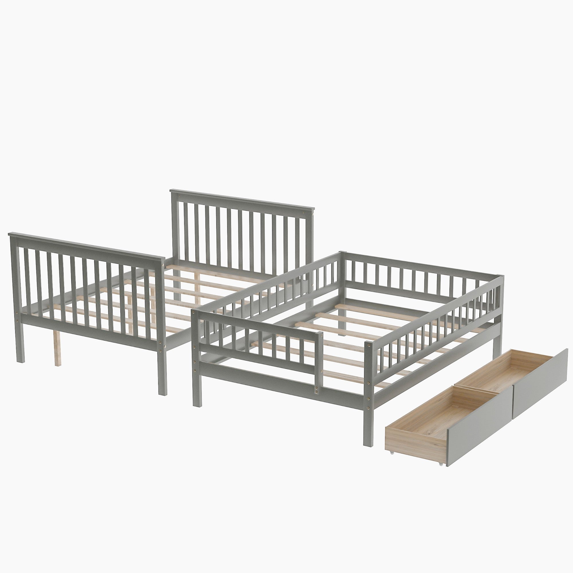 Gray Full Over Full Farmhouse Style Bunk Bed with Storage Staircase