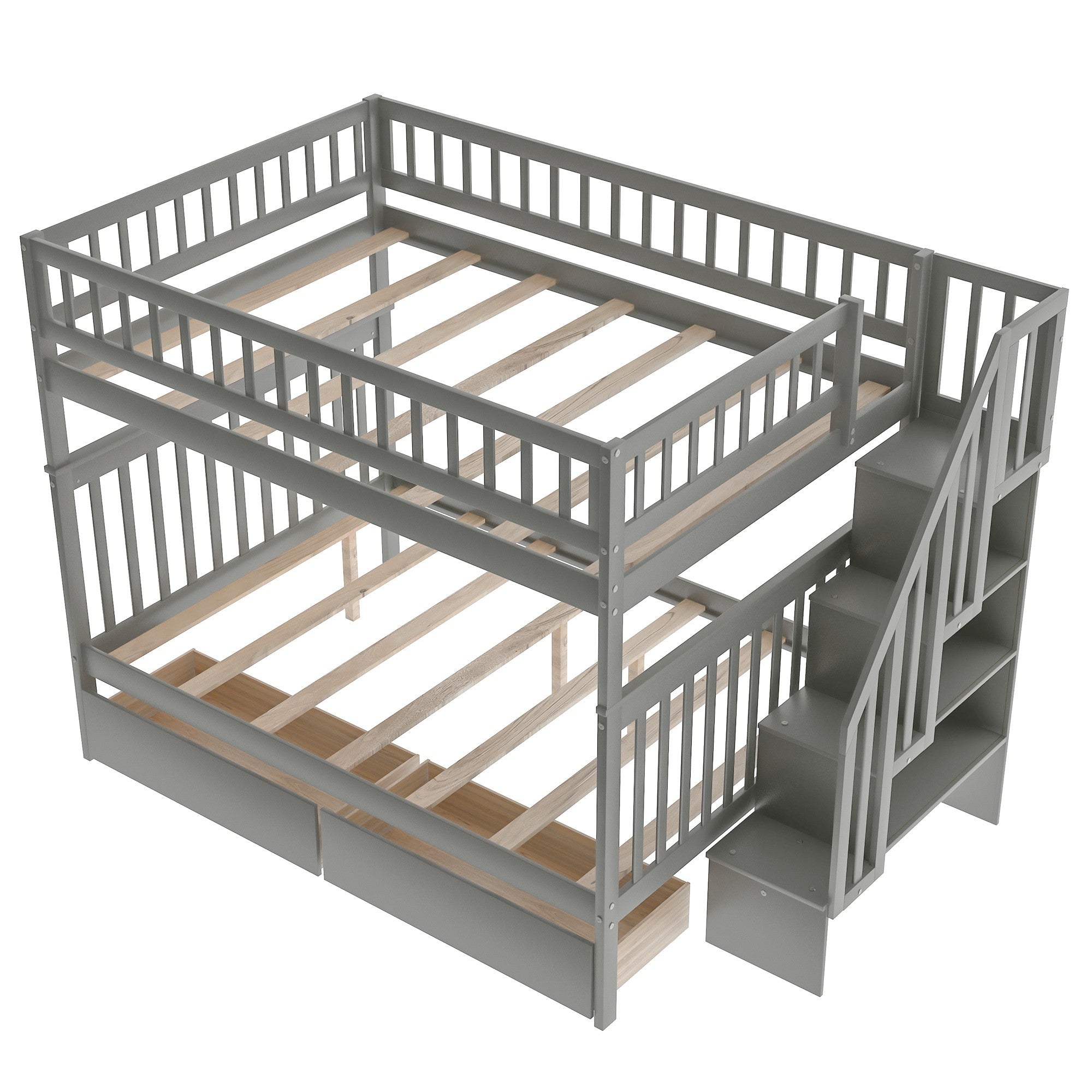 Gray Full Over Full Farmhouse Style Bunk Bed with Storage Staircase