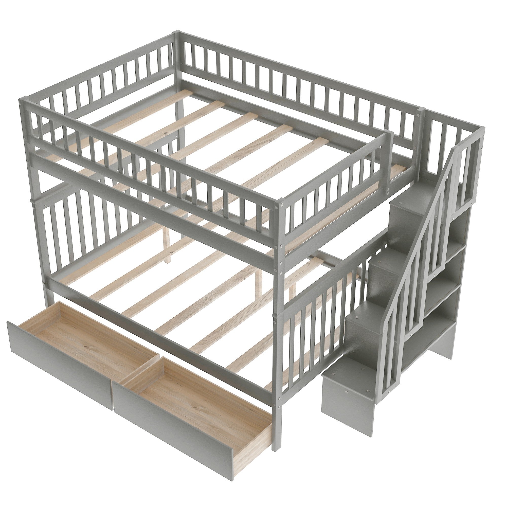 Gray Full Over Full Farmhouse Style Bunk Bed with Storage Staircase