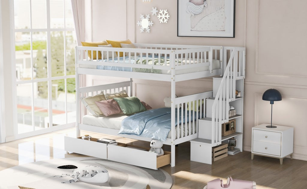 White Full Over Full Farmhouse Style Bunk Bed with Storage Staircase