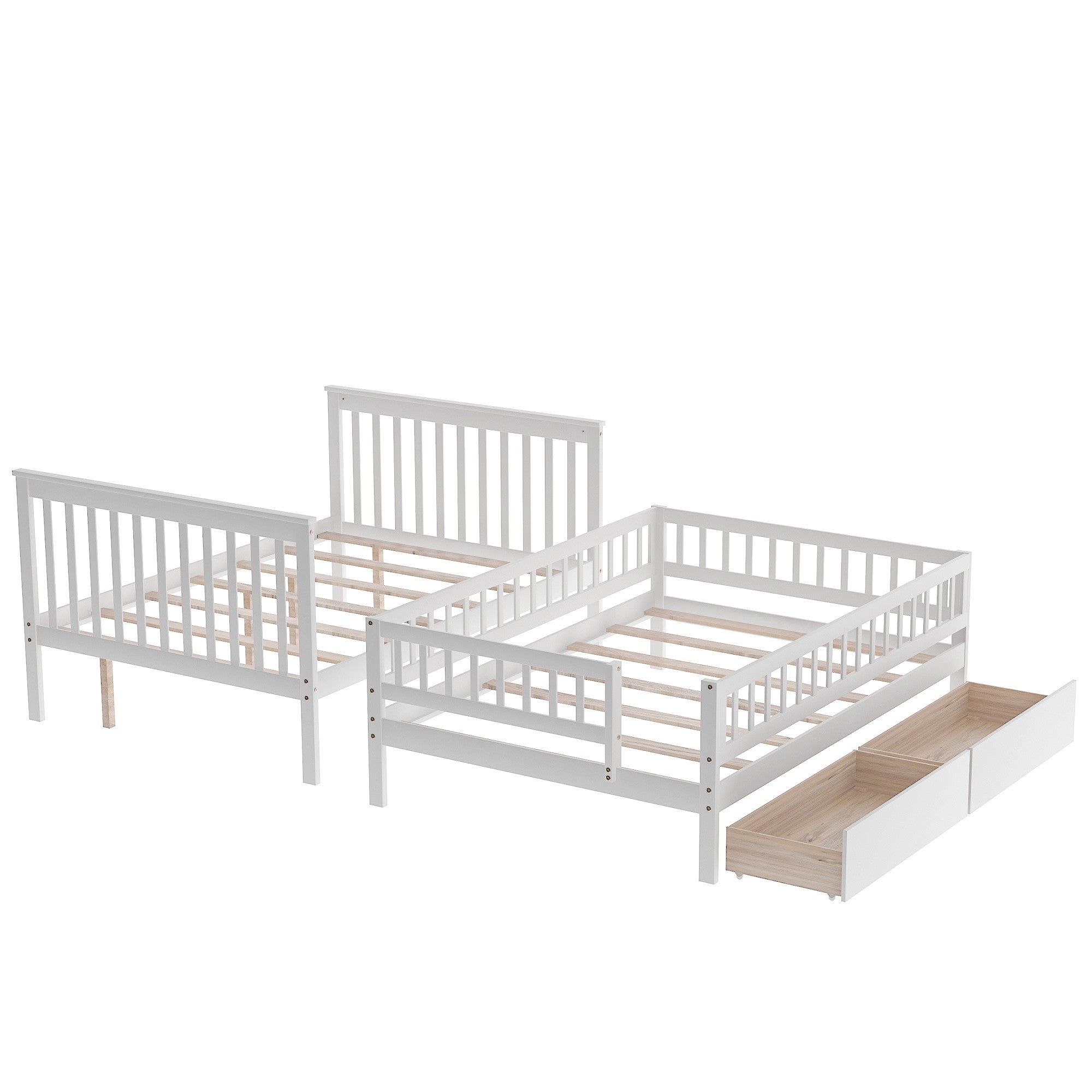 White Full Over Full Farmhouse Style Bunk Bed with Storage Staircase