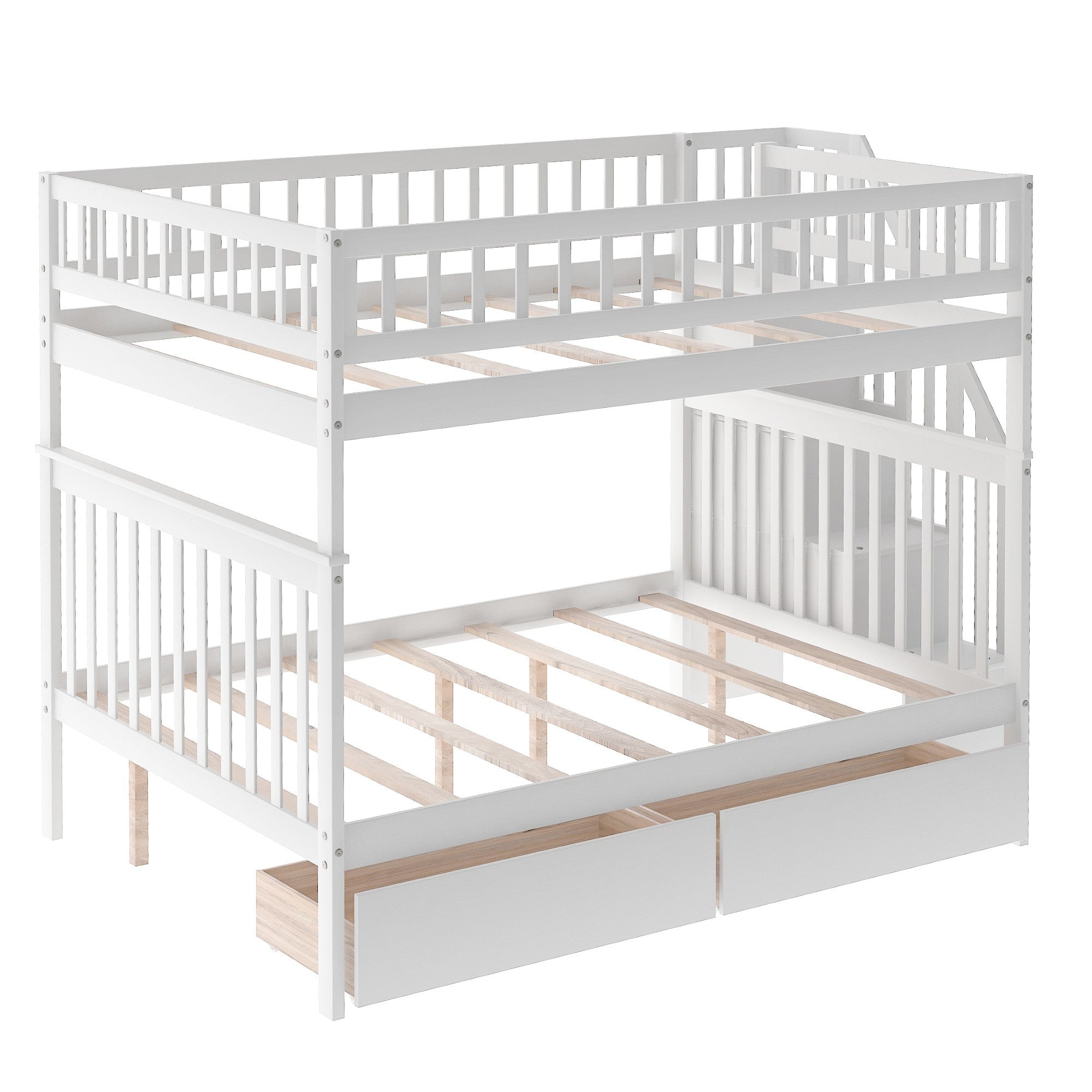 White Full Over Full Farmhouse Style Bunk Bed with Storage Staircase