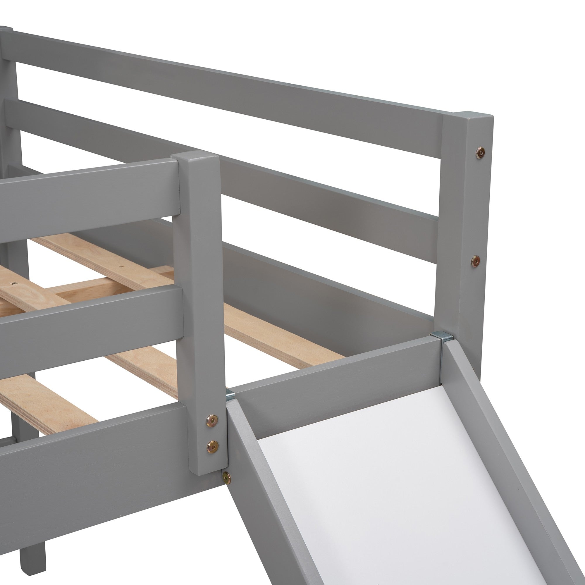 Gray L Shaped Full Size Wooden Double Loft Bed with Slide and Ladders