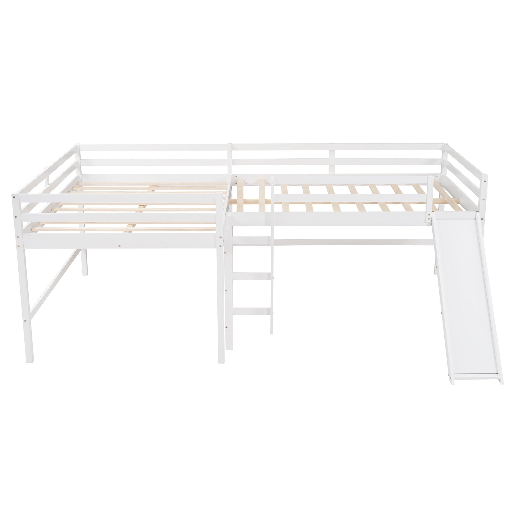 White L Shaped Full Size Wooden Double Loft Bed with Slide and Ladders