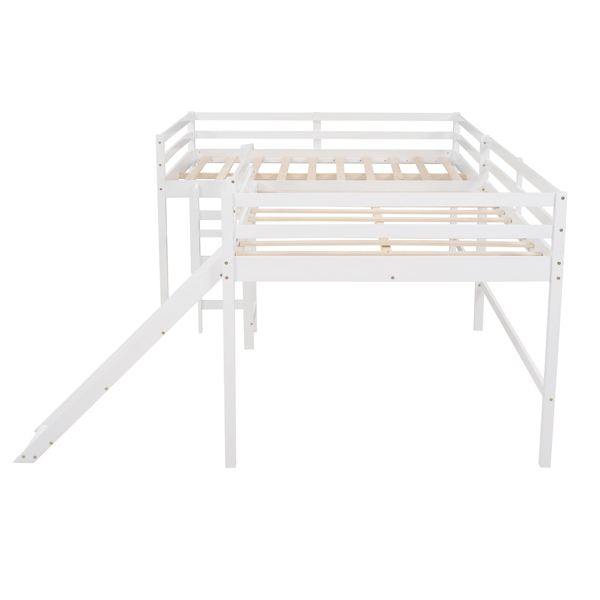 White L Shaped Full Size Wooden Double Loft Bed with Slide and Ladders
