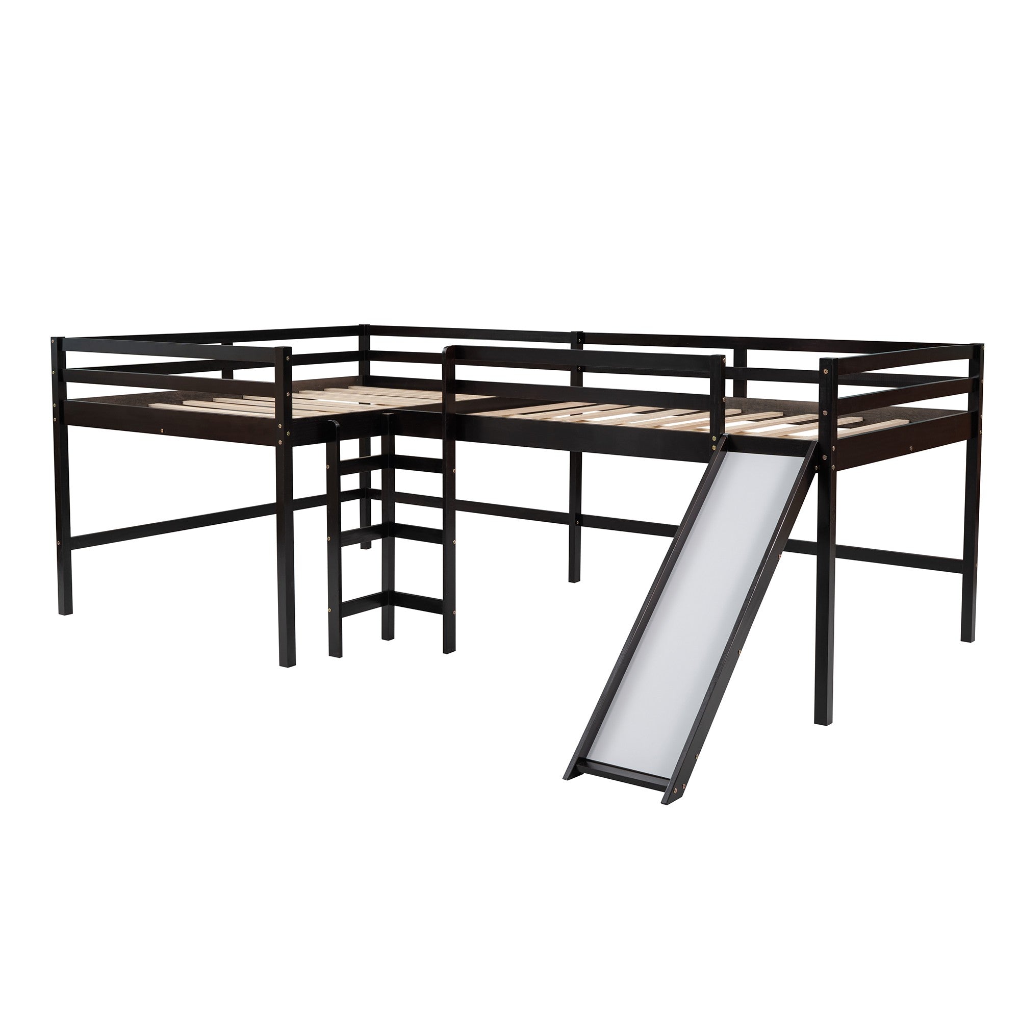 Espresso L Shaped Full Size Wooden Double Loft Bed with Slide and Ladders Default Title