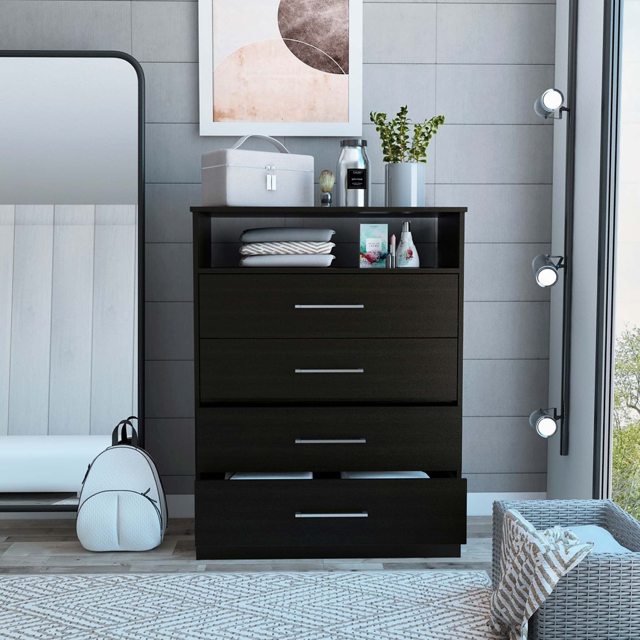 Modern Black Four Drawer Dresser with Hutch