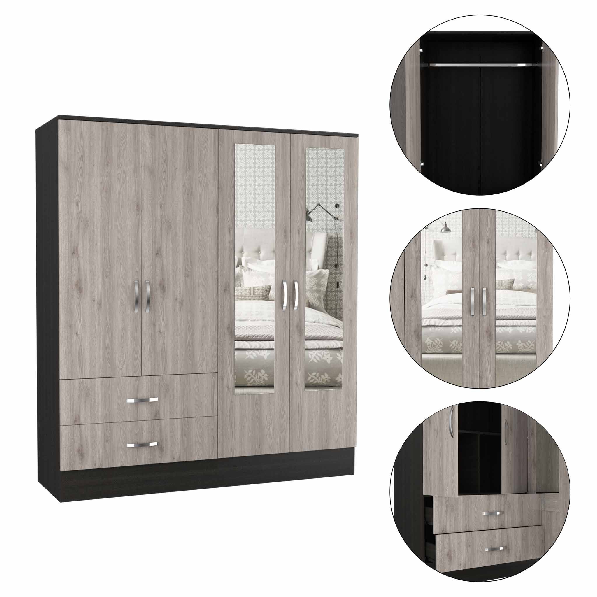 Light Oak and Black Four Door Wardrobe Closet with Mirrors Default Title