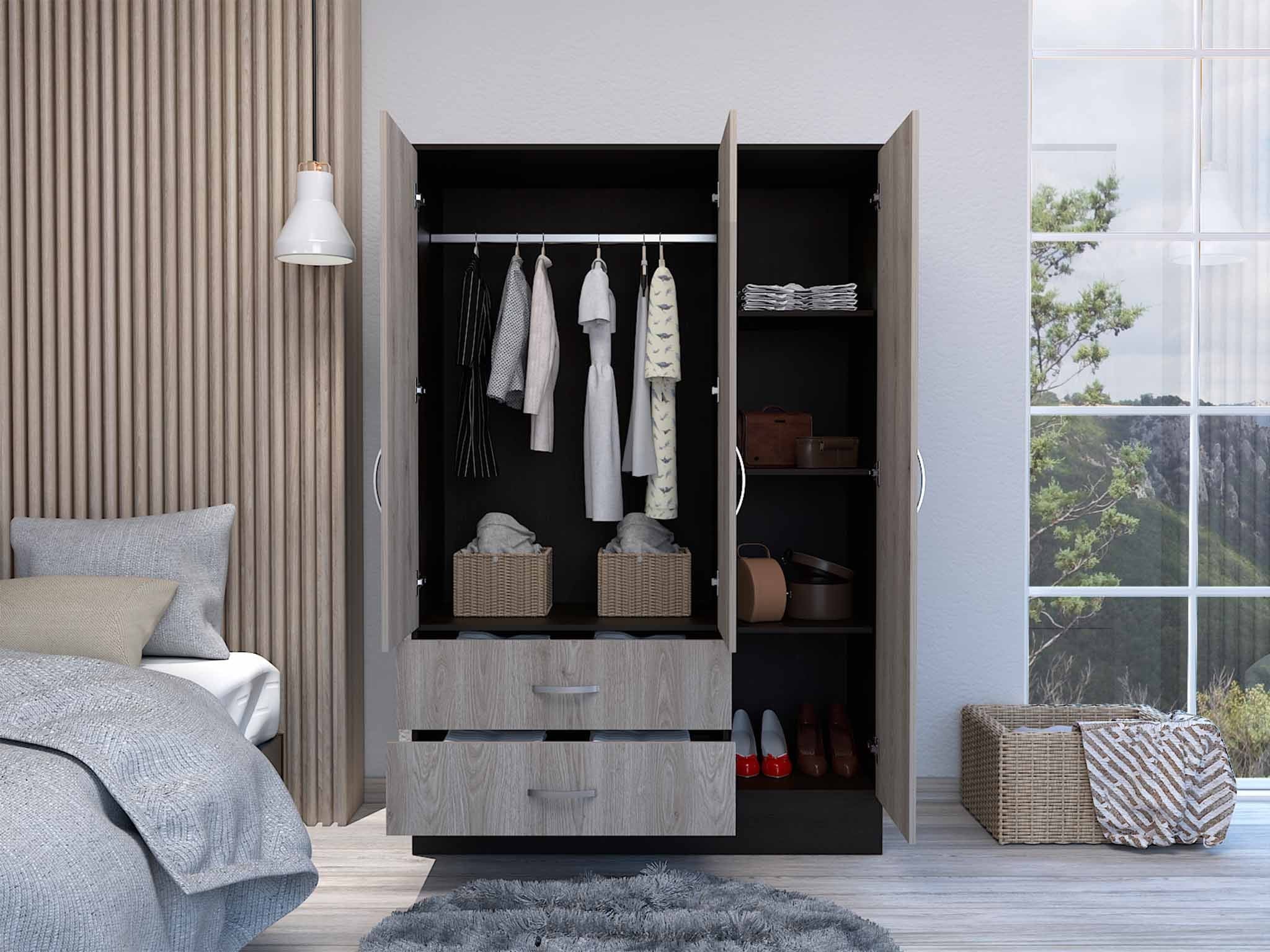 Light Oak and Black Three Door Wardrobe Closet with Mirror