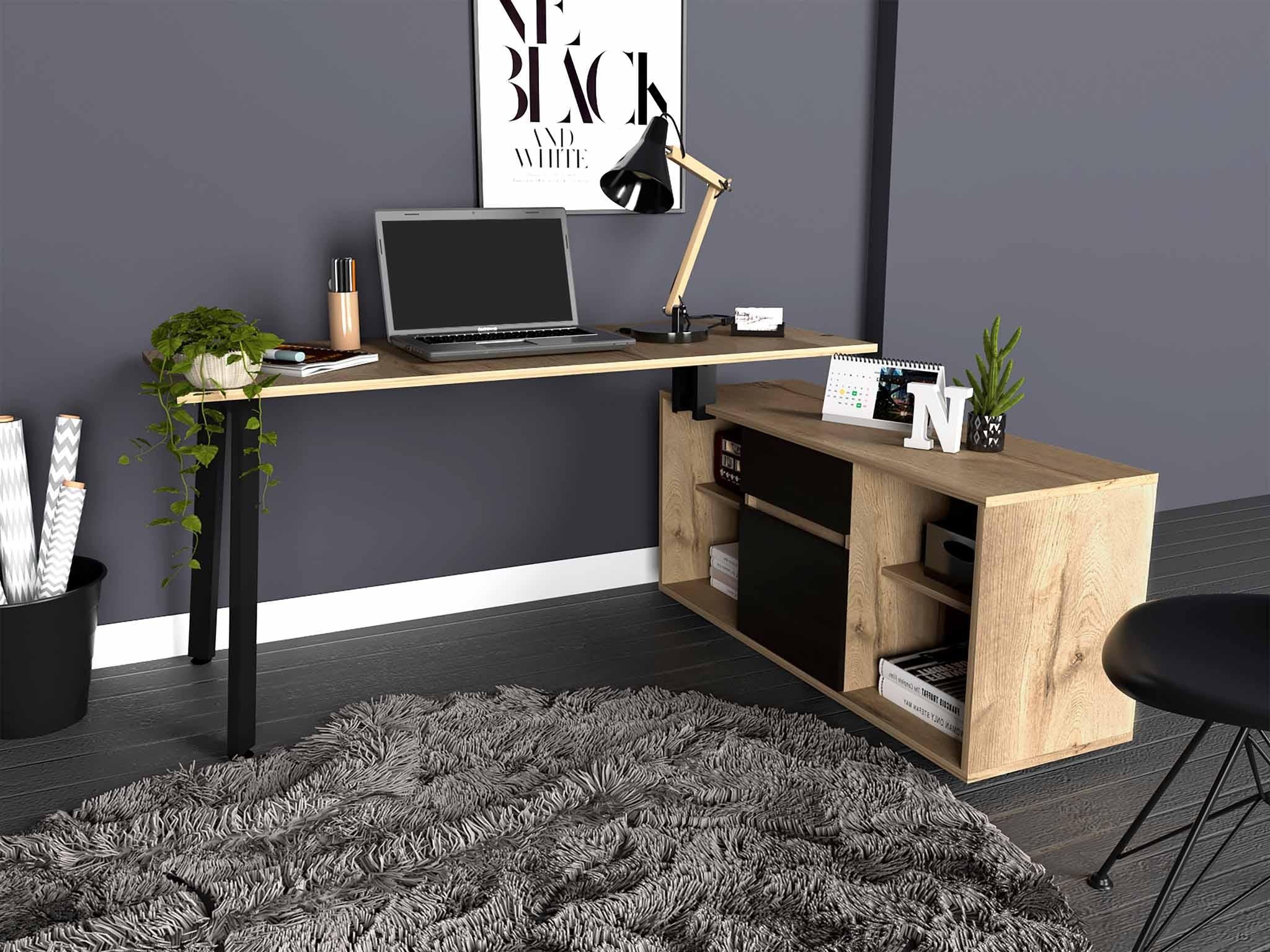 Light Oak and Black L Shaped Computer Desk