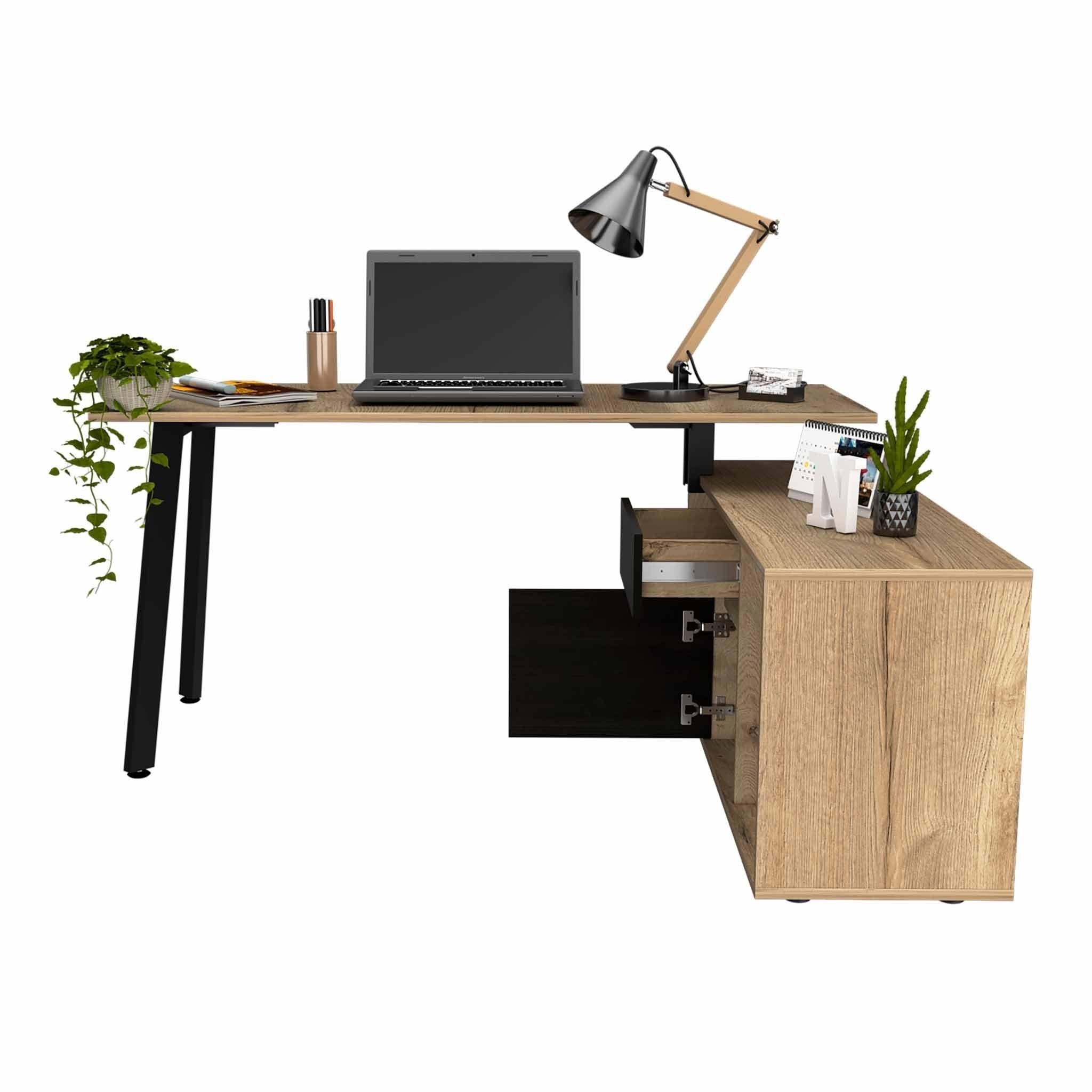 Light Oak and Black L Shaped Computer Desk