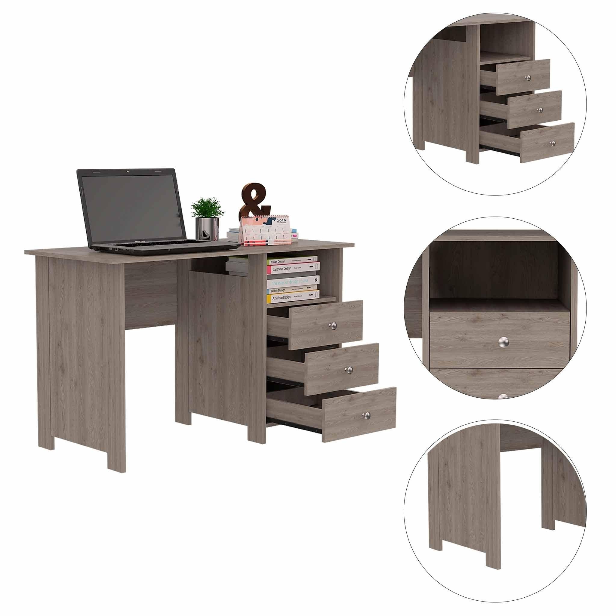 Nory Light Gray Oak Three Drawers Computer Desk