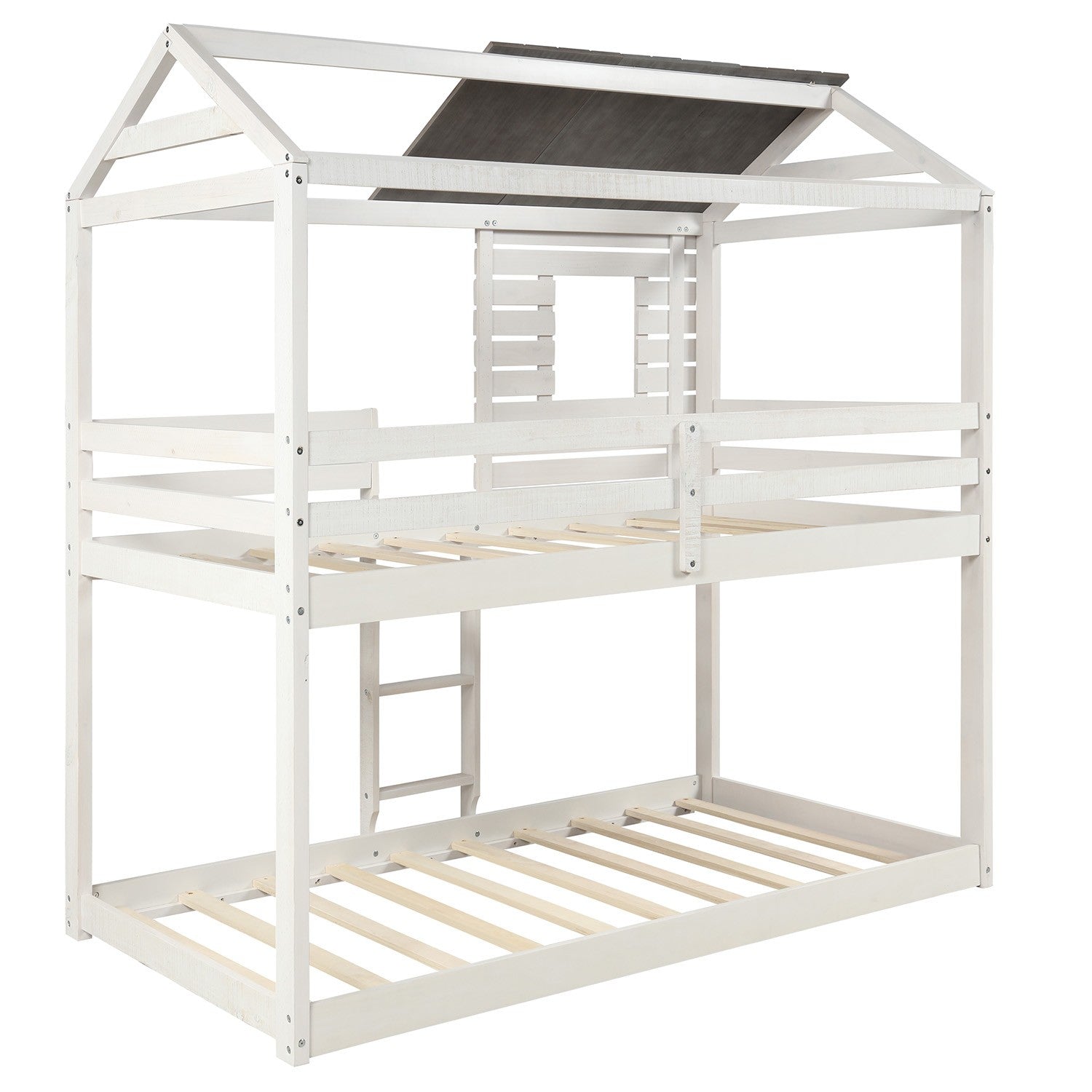 Antique White Twin Over Twin Bunk Bed with Roof