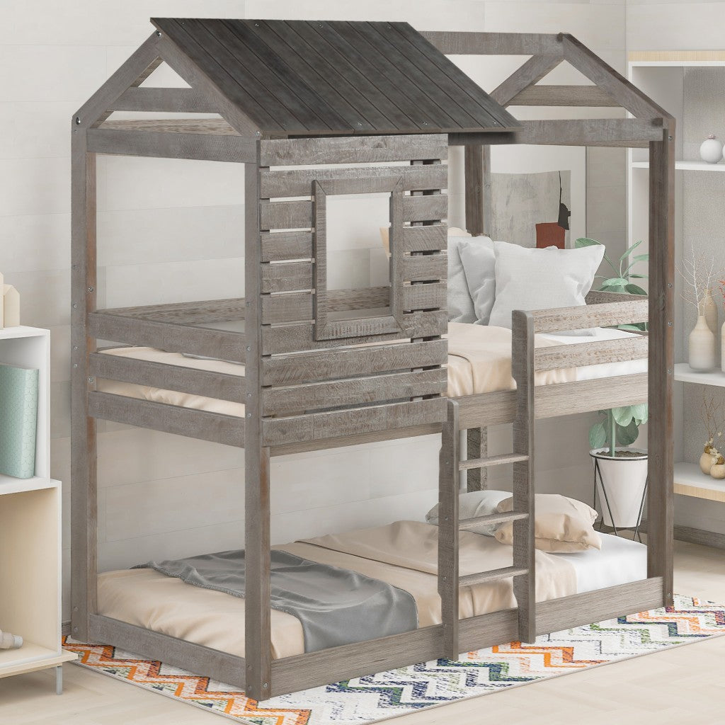 Antique Gray Twin Over Twin Bunk Bed with Roof