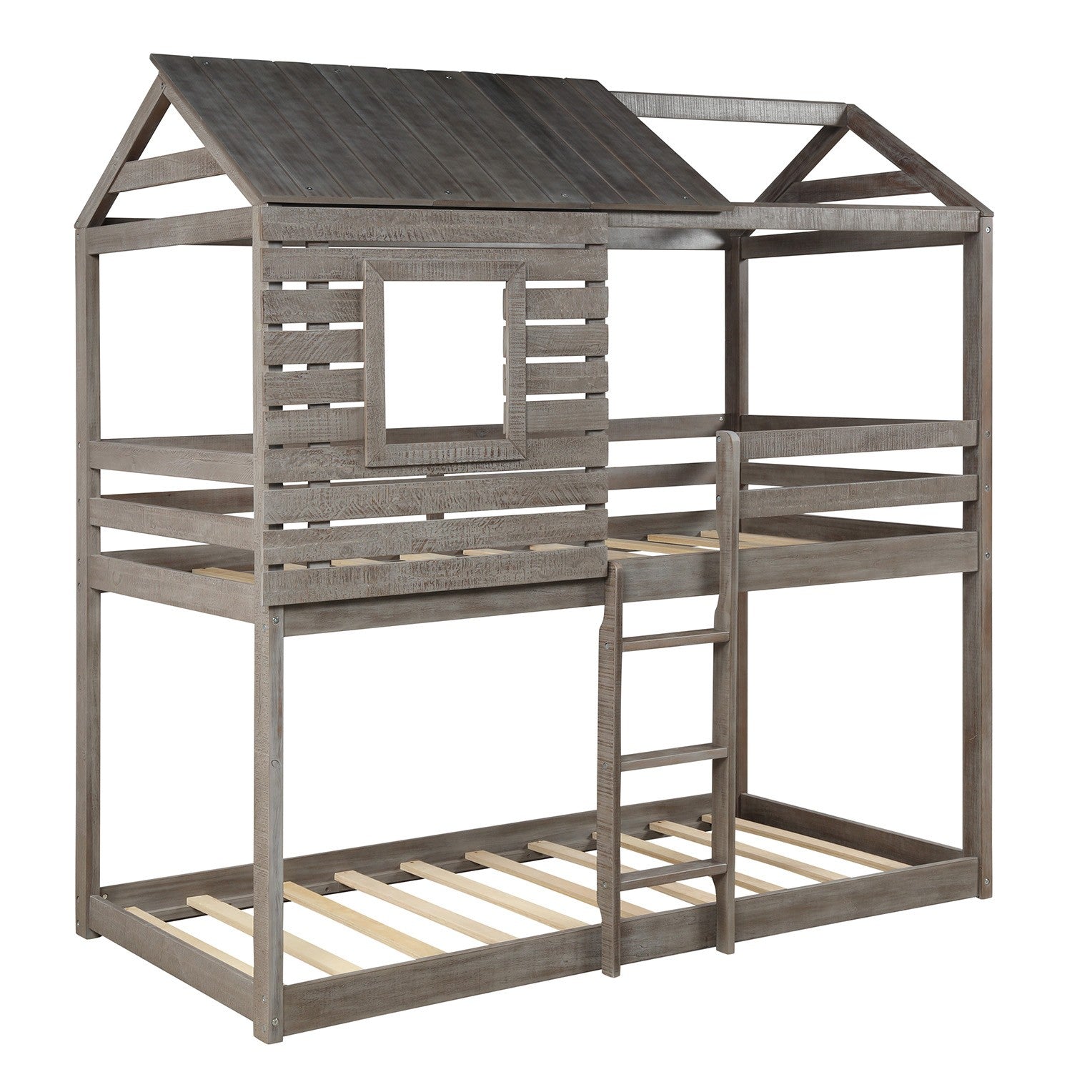 Antique Gray Twin Over Twin Bunk Bed with Roof