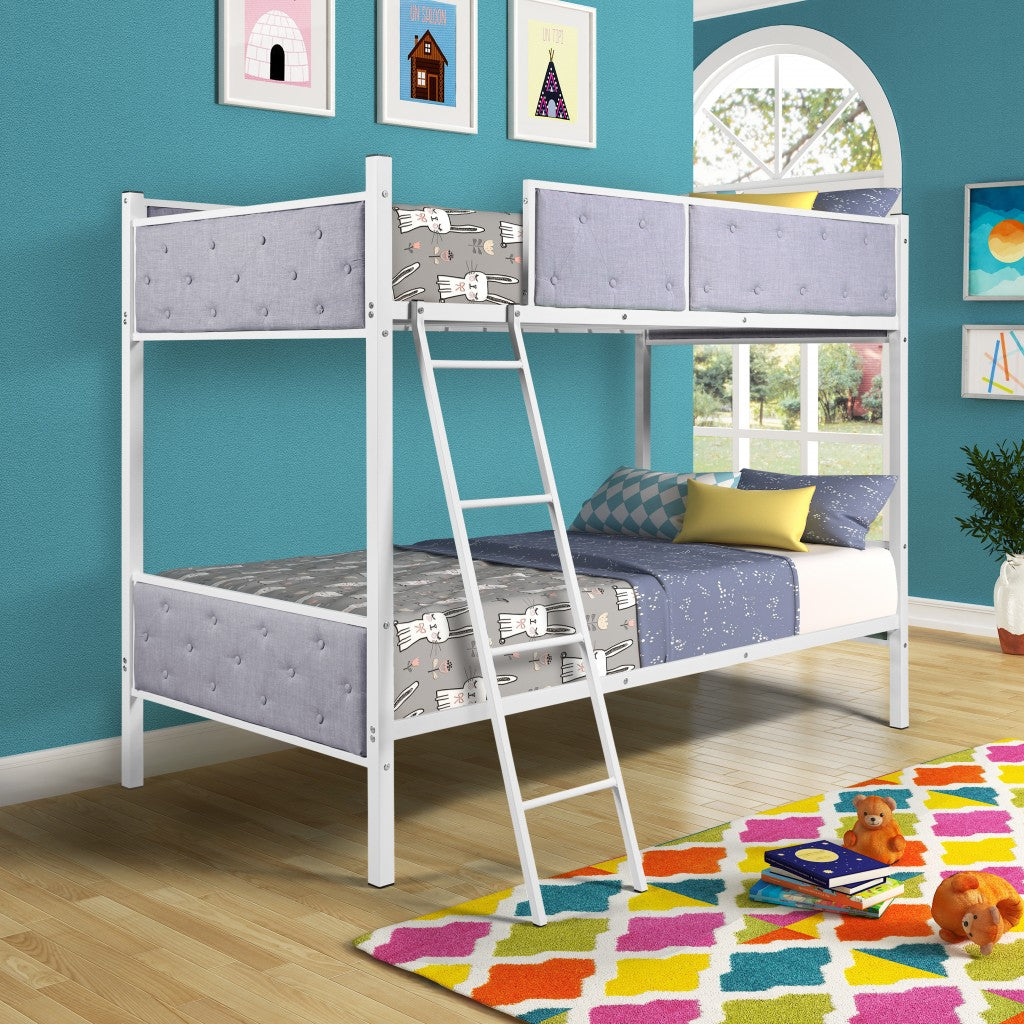 White Gray Twin Over Twin Upholstered Bunk Bed