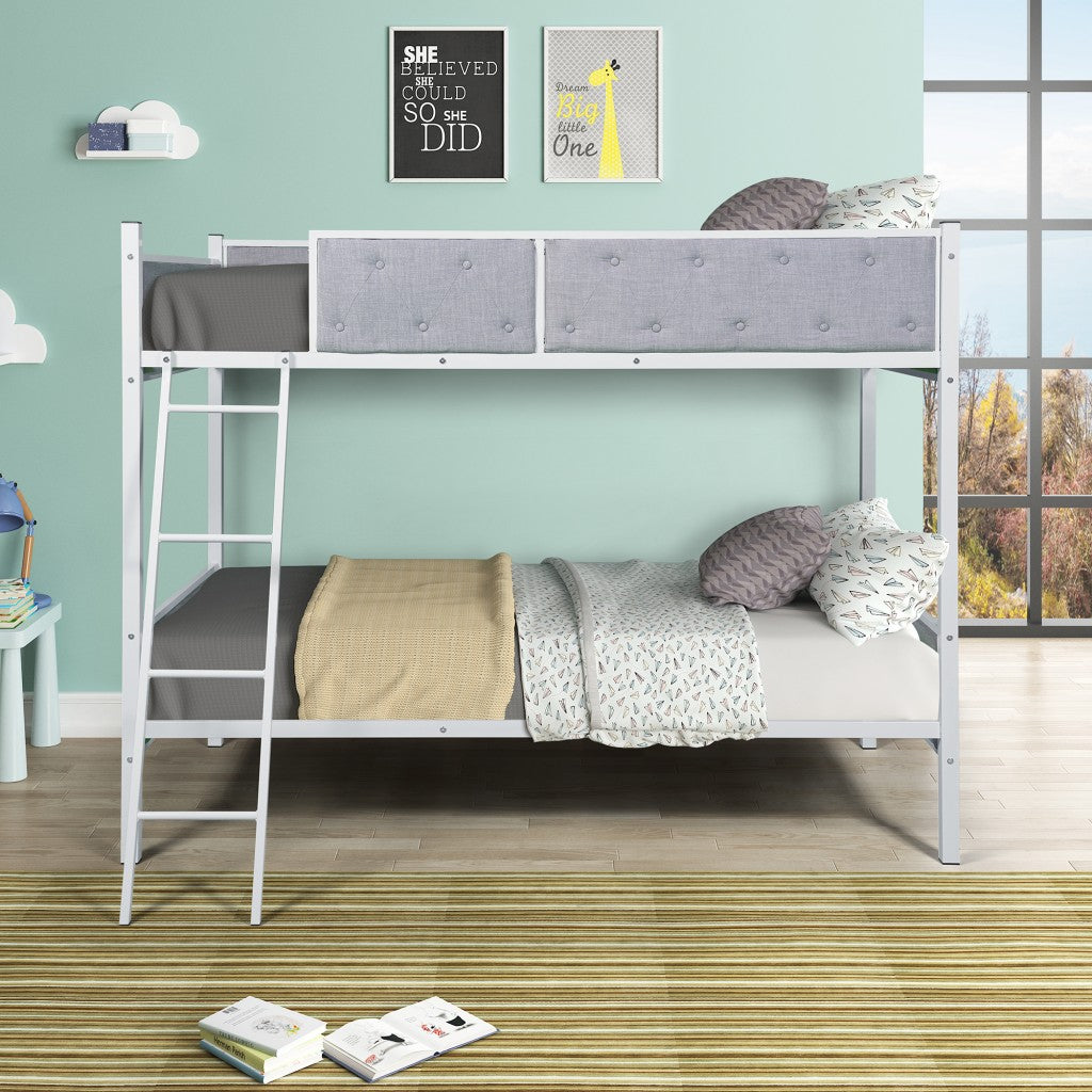 White Gray Twin Over Twin Upholstered Bunk Bed