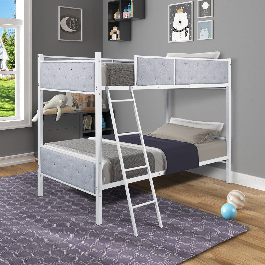 White Gray Twin Over Twin Upholstered Bunk Bed