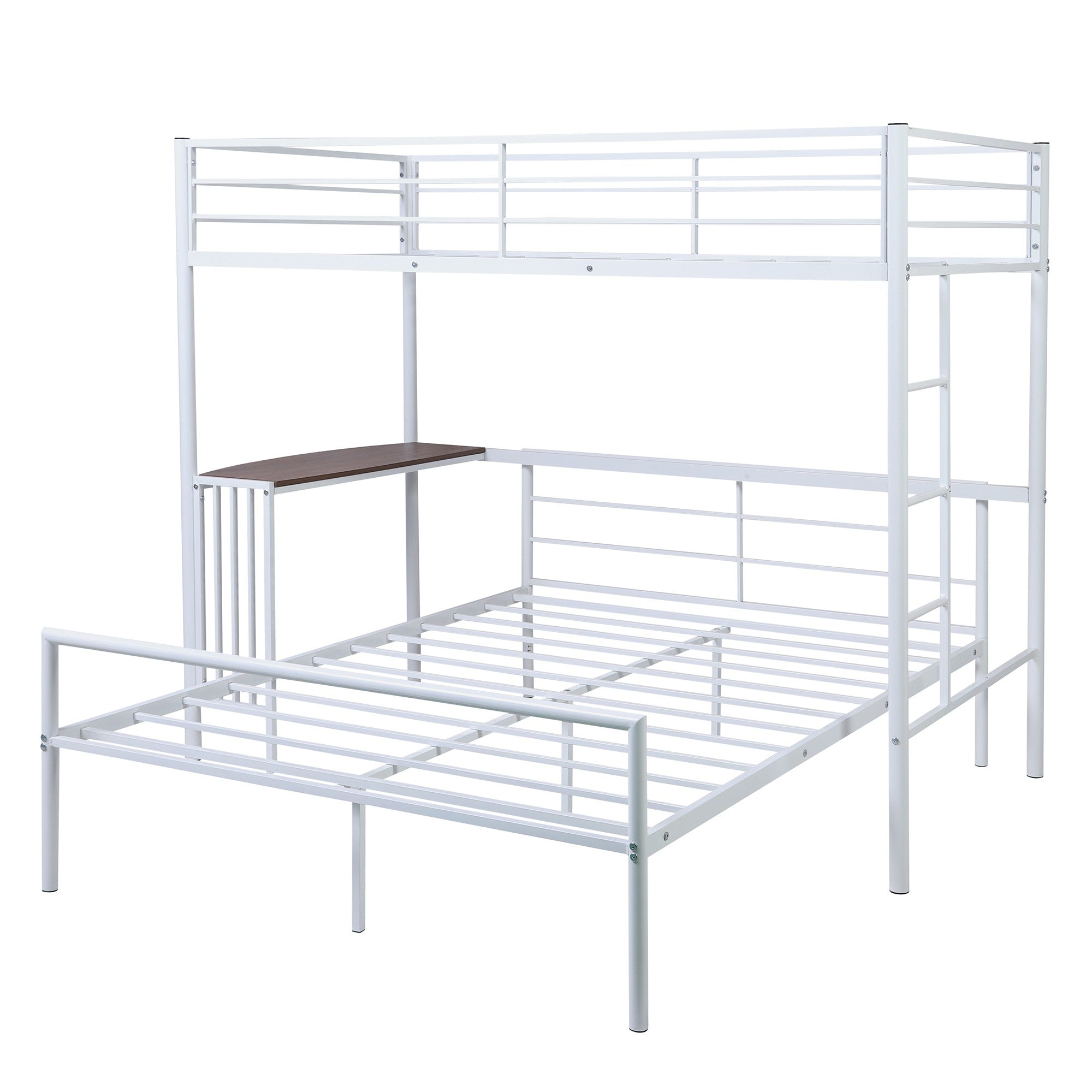 White Twin Over Full Size Metal Bunk Bed with Desk