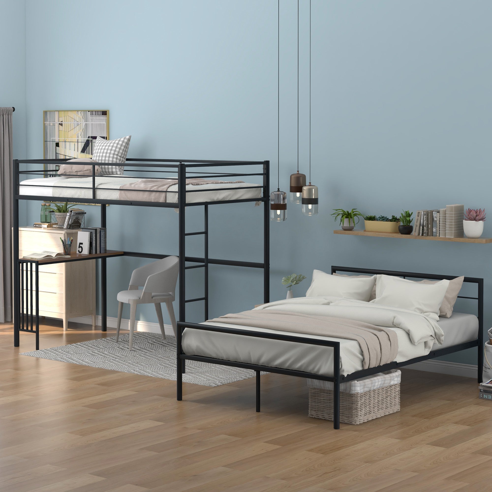 Black Twin Over Full Size Metal Bunk Bed with Desk Default Title