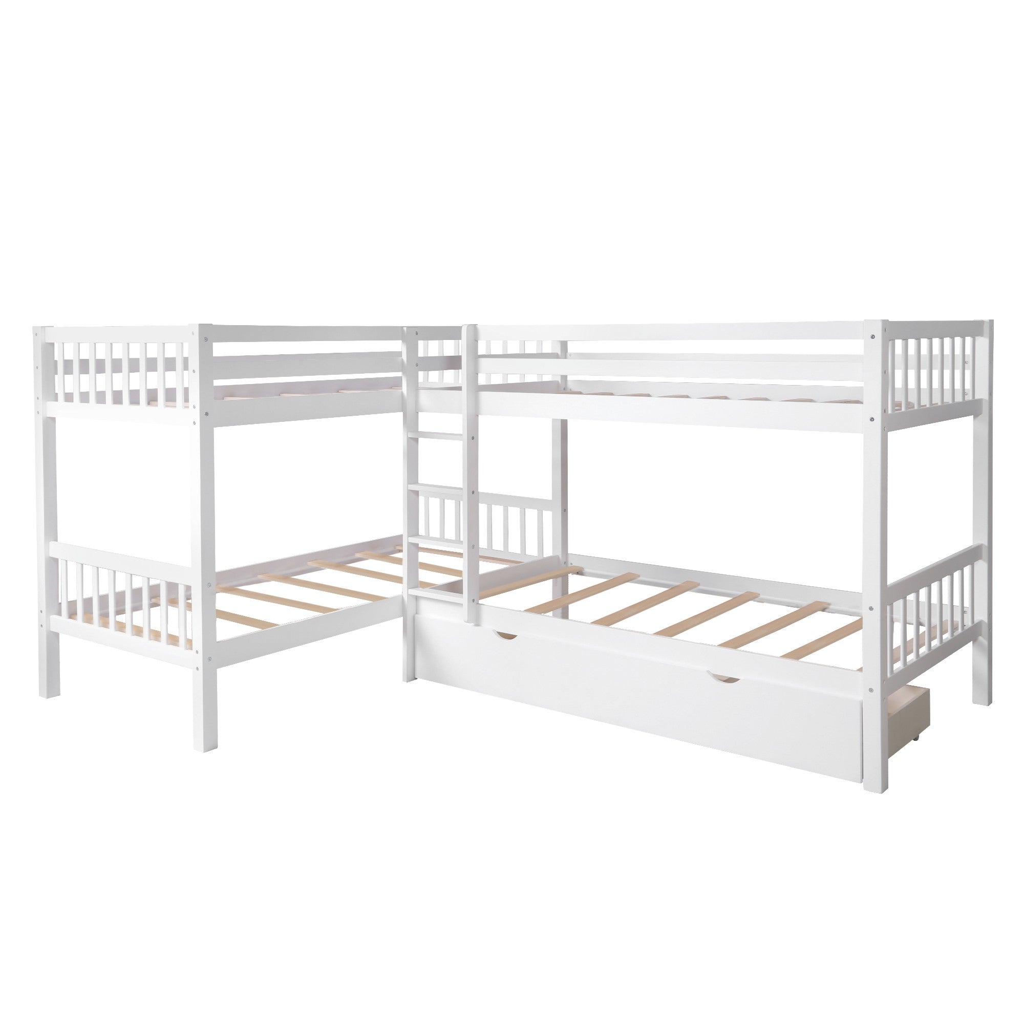 White Twin Size L Shaped Double Bunk Bed with Drawer