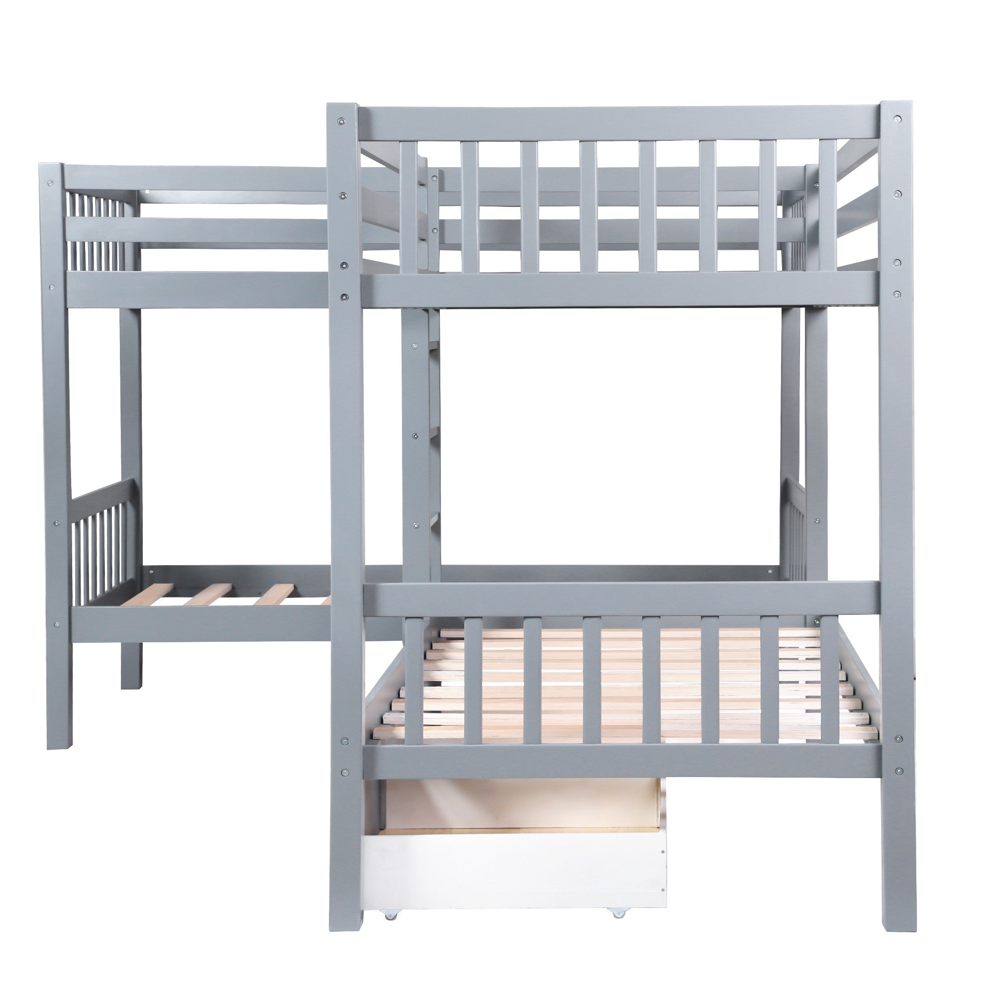 Gray Twin Size L Shaped Double Bunk Bed with Drawer