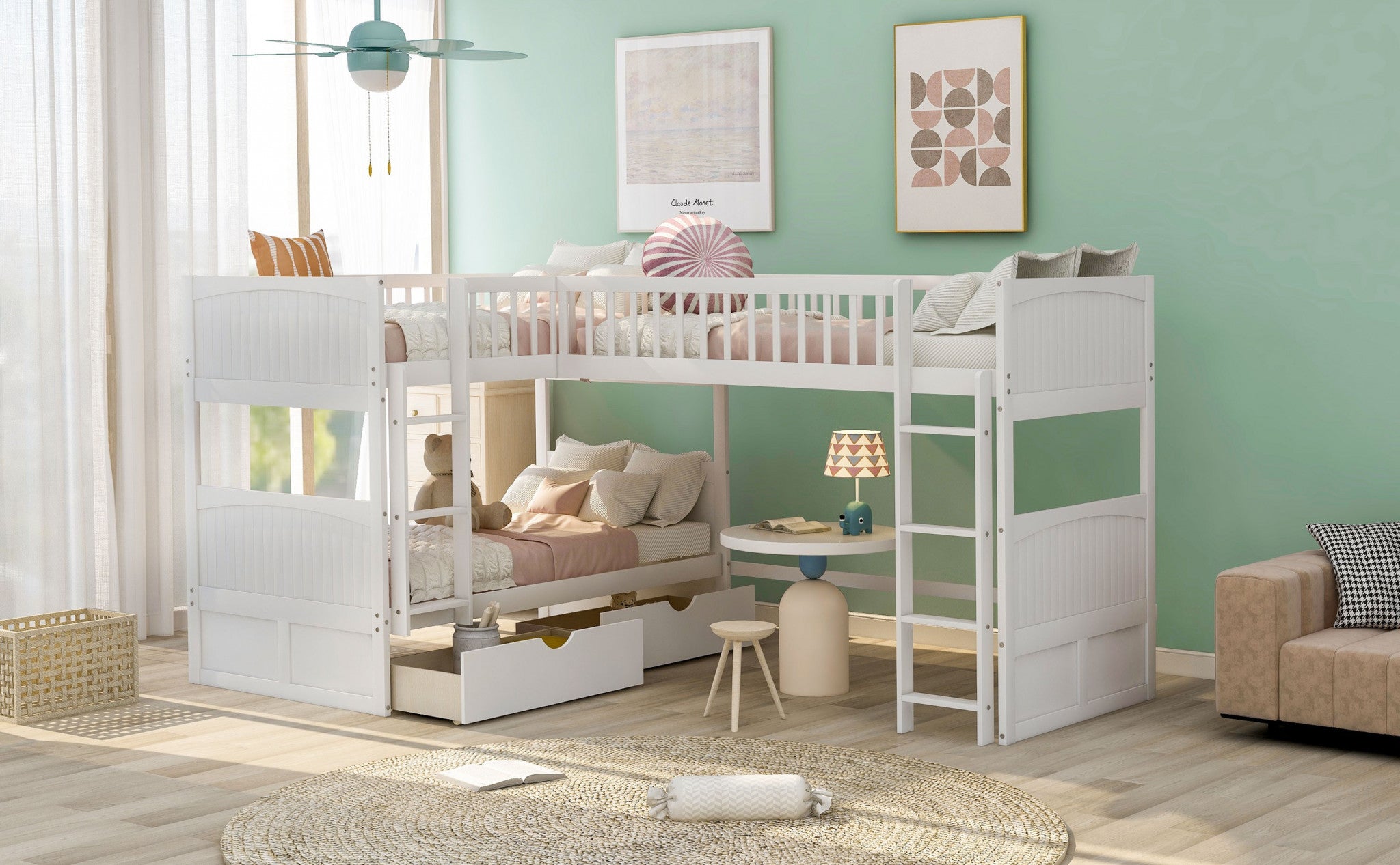 White Twin Size Bunk Bed with attached Loft Bed and Drawers Default Title