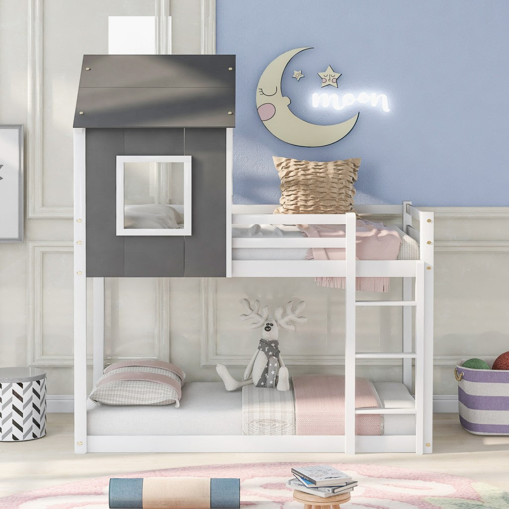 Gray and White Twin Over Twin Low Bunk Bed with House Roof and Window Default Title