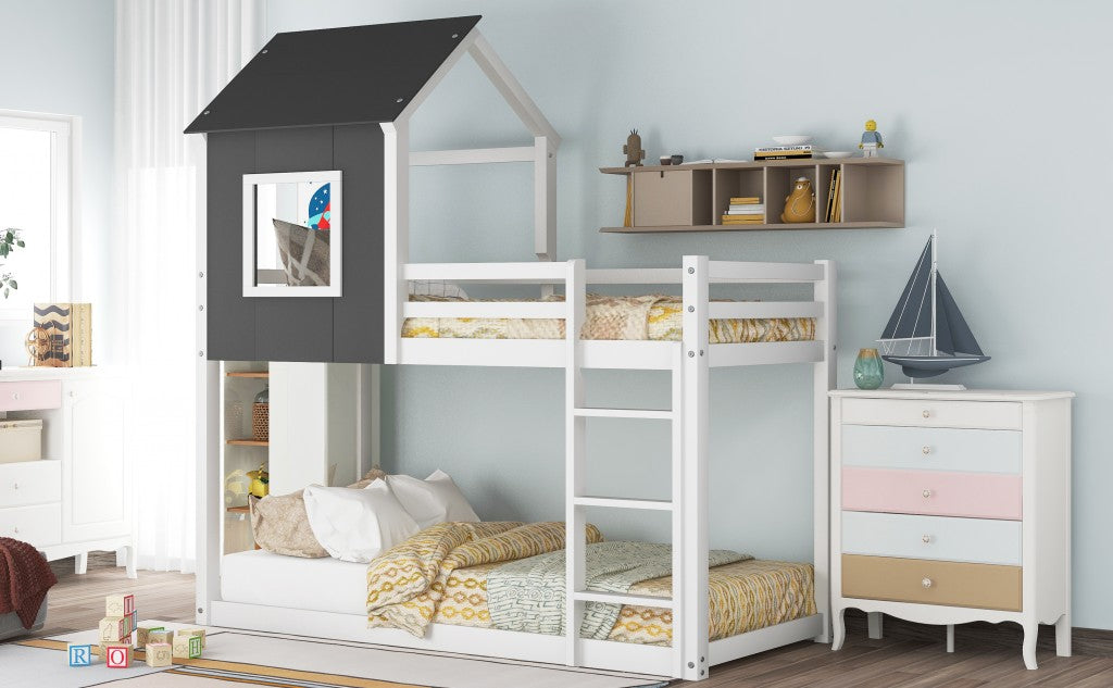 Gray and White Twin Over Twin Low Bunk Bed with House Roof and Window Default Title