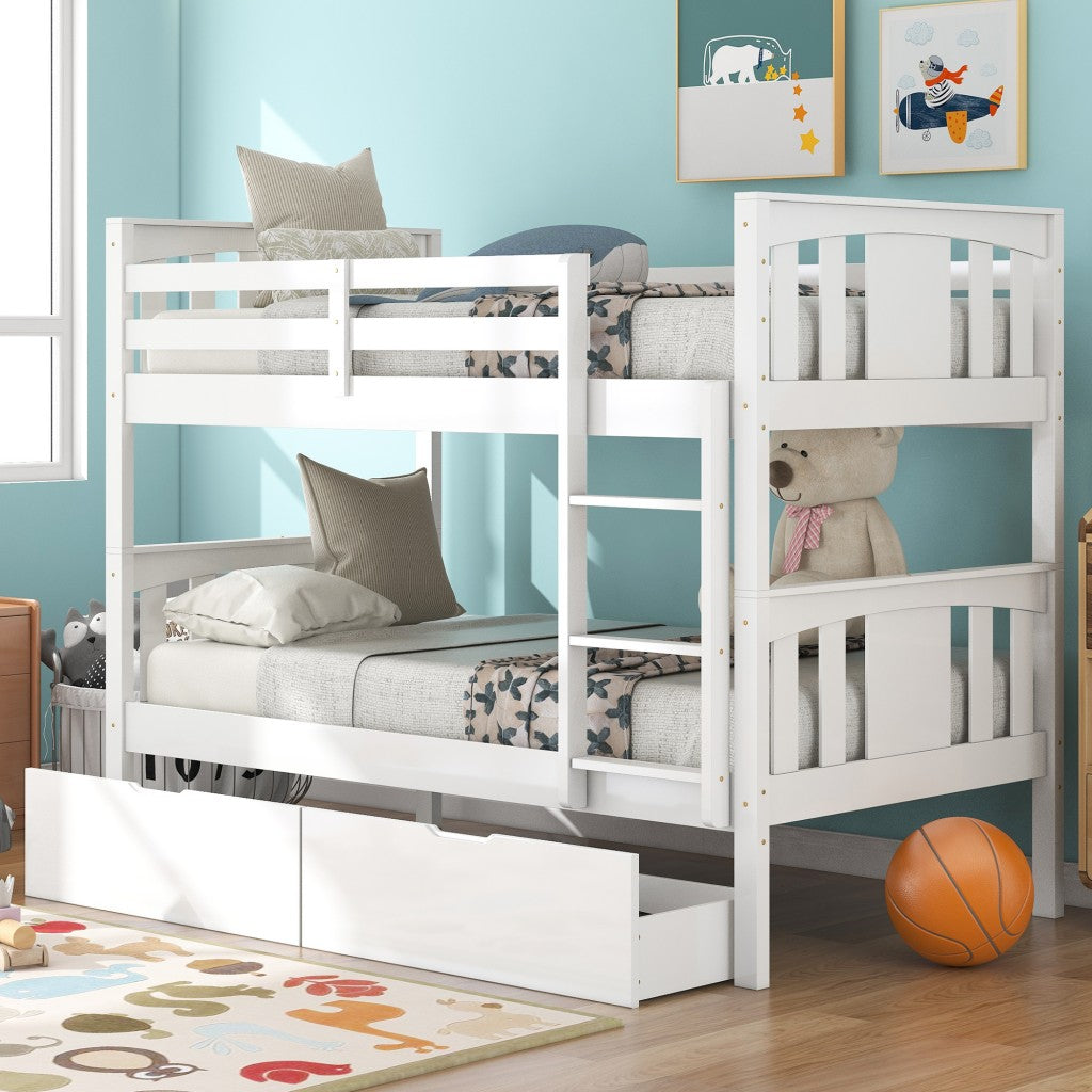 White Double Twin Size Ladder Bunk Bed With Drawers