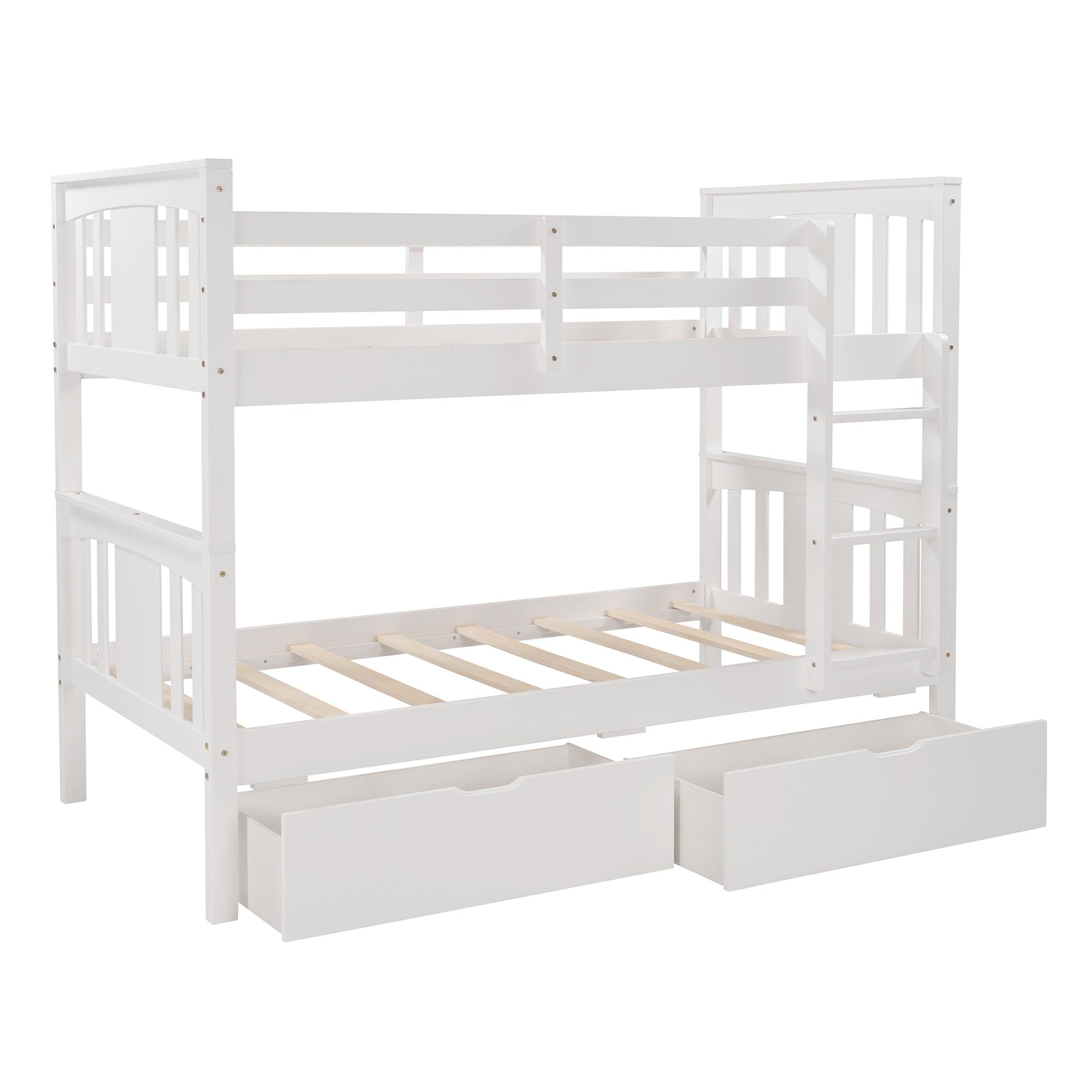 White Double Twin Size Ladder Bunk Bed With Drawers