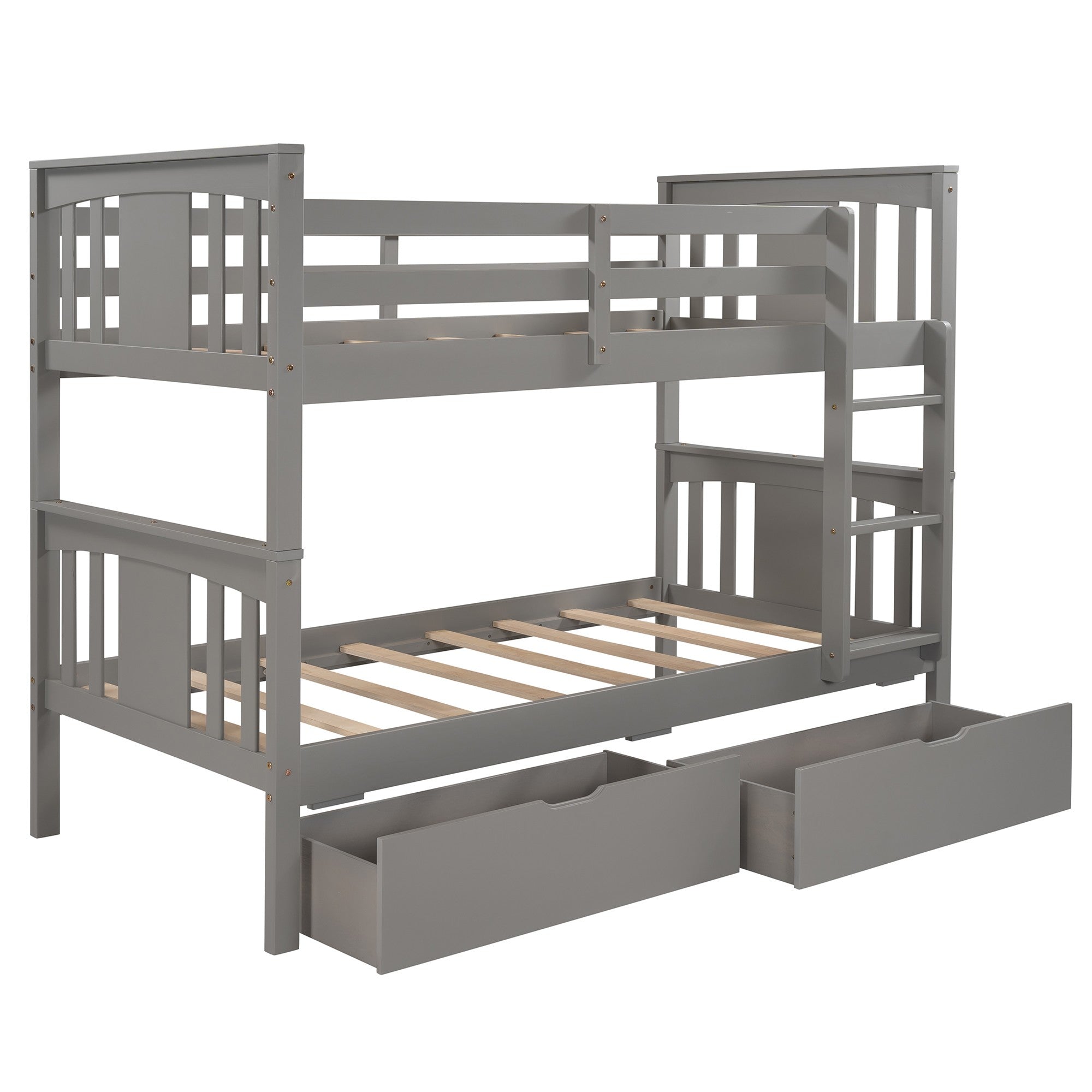 Gray  Double Twin Size Ladder Bunk Bed With Drawers