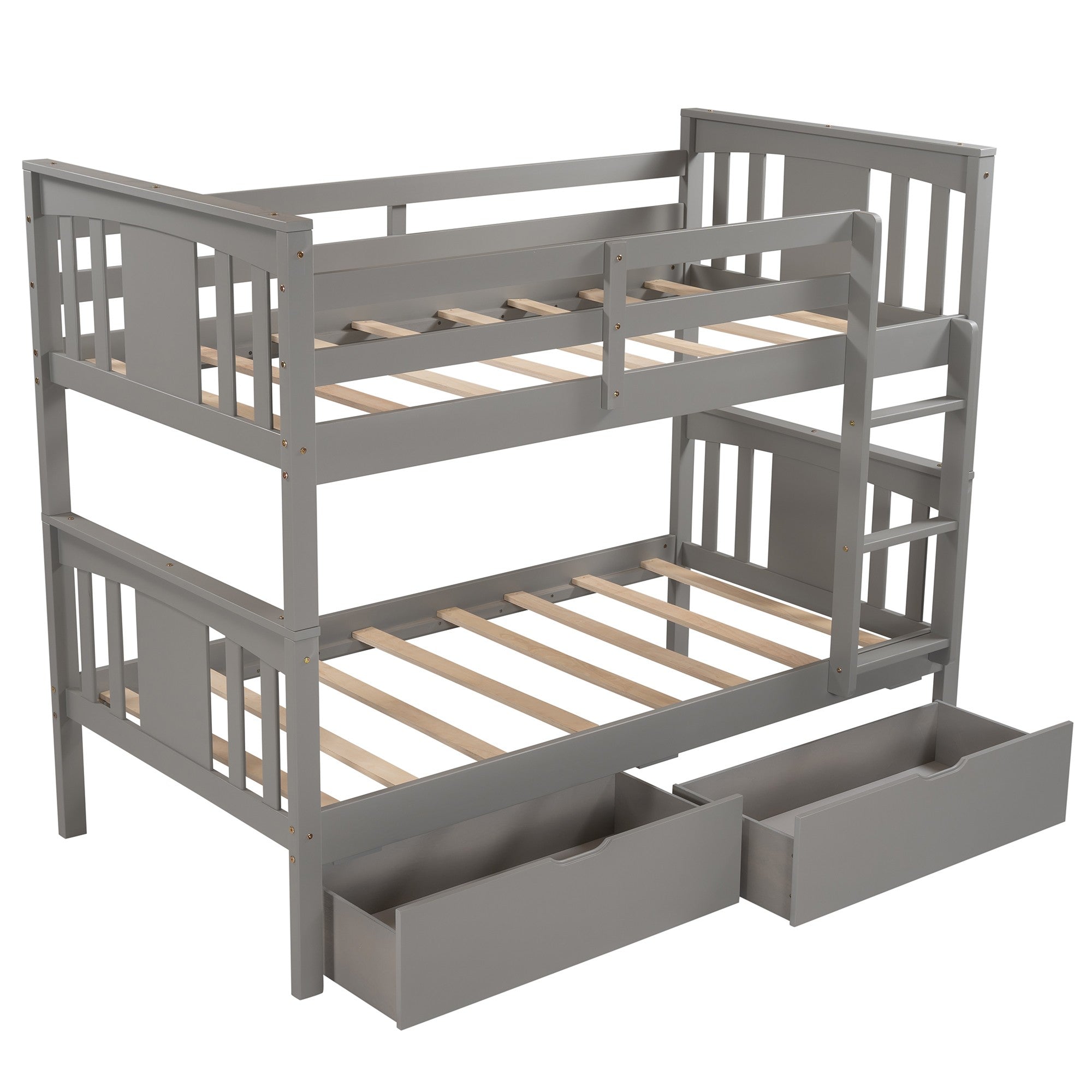 Gray  Double Twin Size Ladder Bunk Bed With Drawers