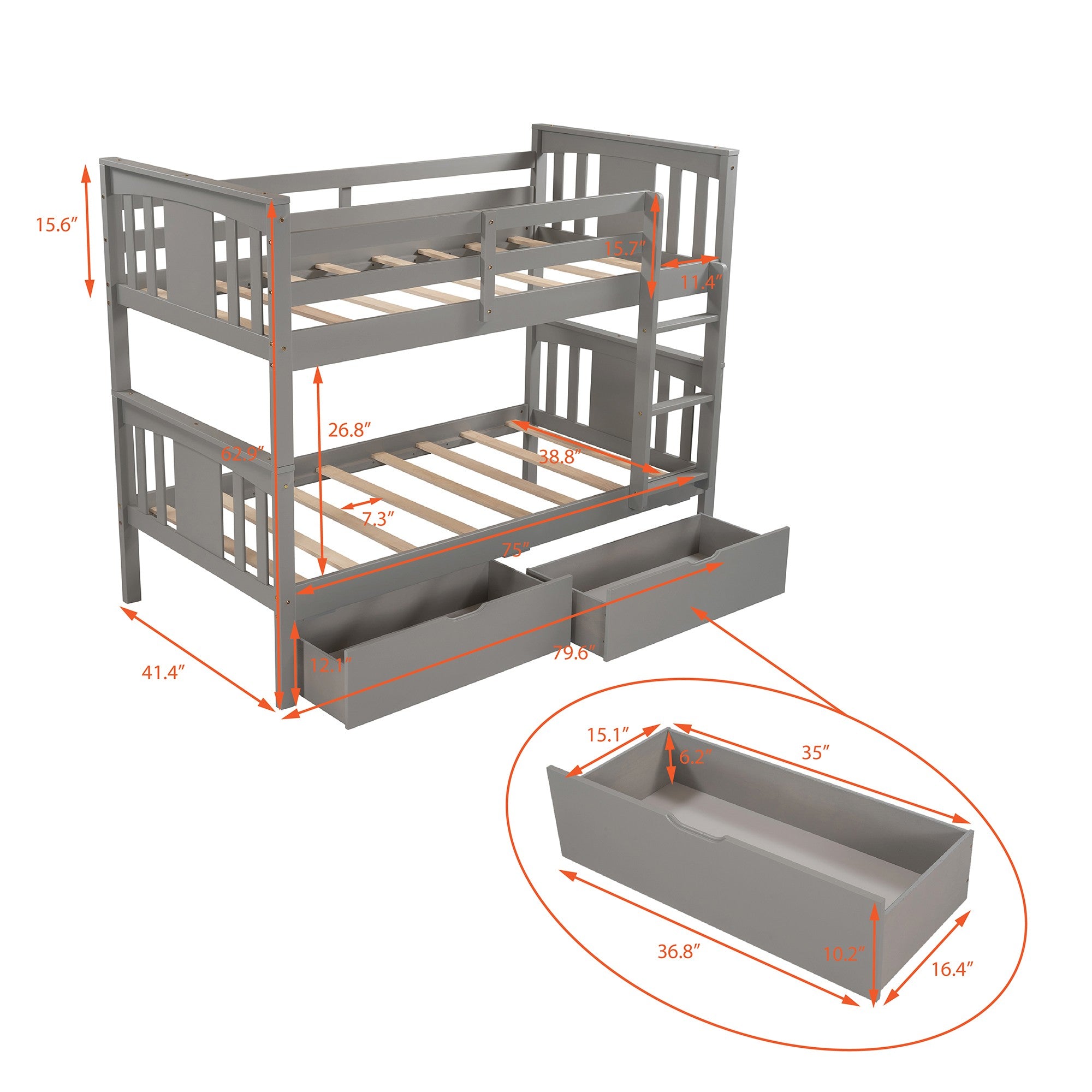 Gray  Double Twin Size Ladder Bunk Bed With Drawers