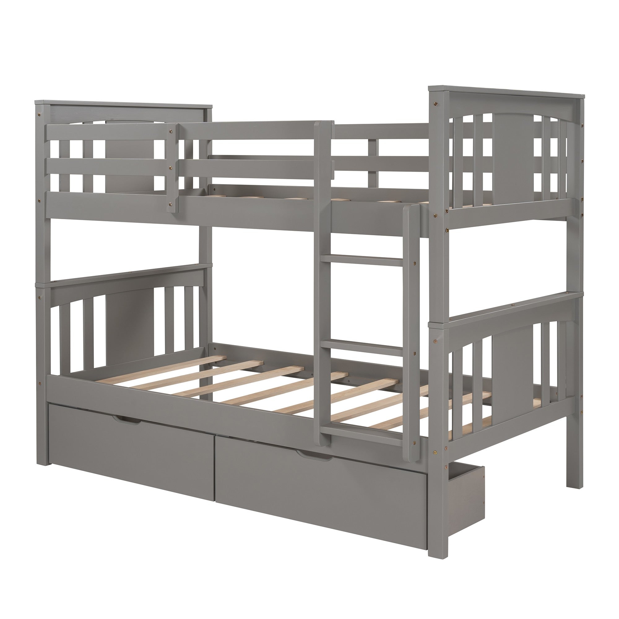 Gray  Double Twin Size Ladder Bunk Bed With Drawers